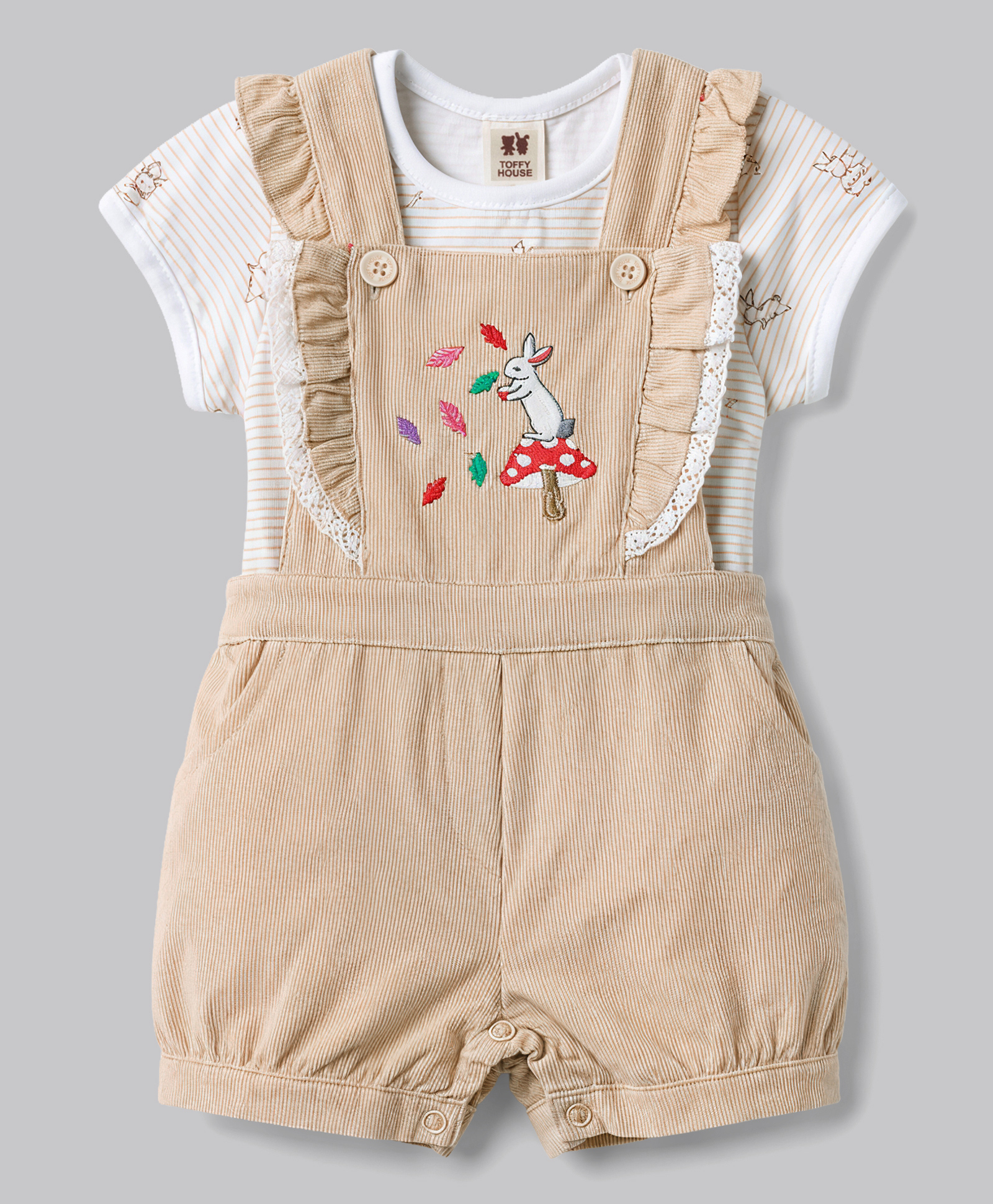 ToffyHouse Cotton Knit Dungaree & Half Sleeves Inner Tee with Bunny Embroidery - Cream-picture-16