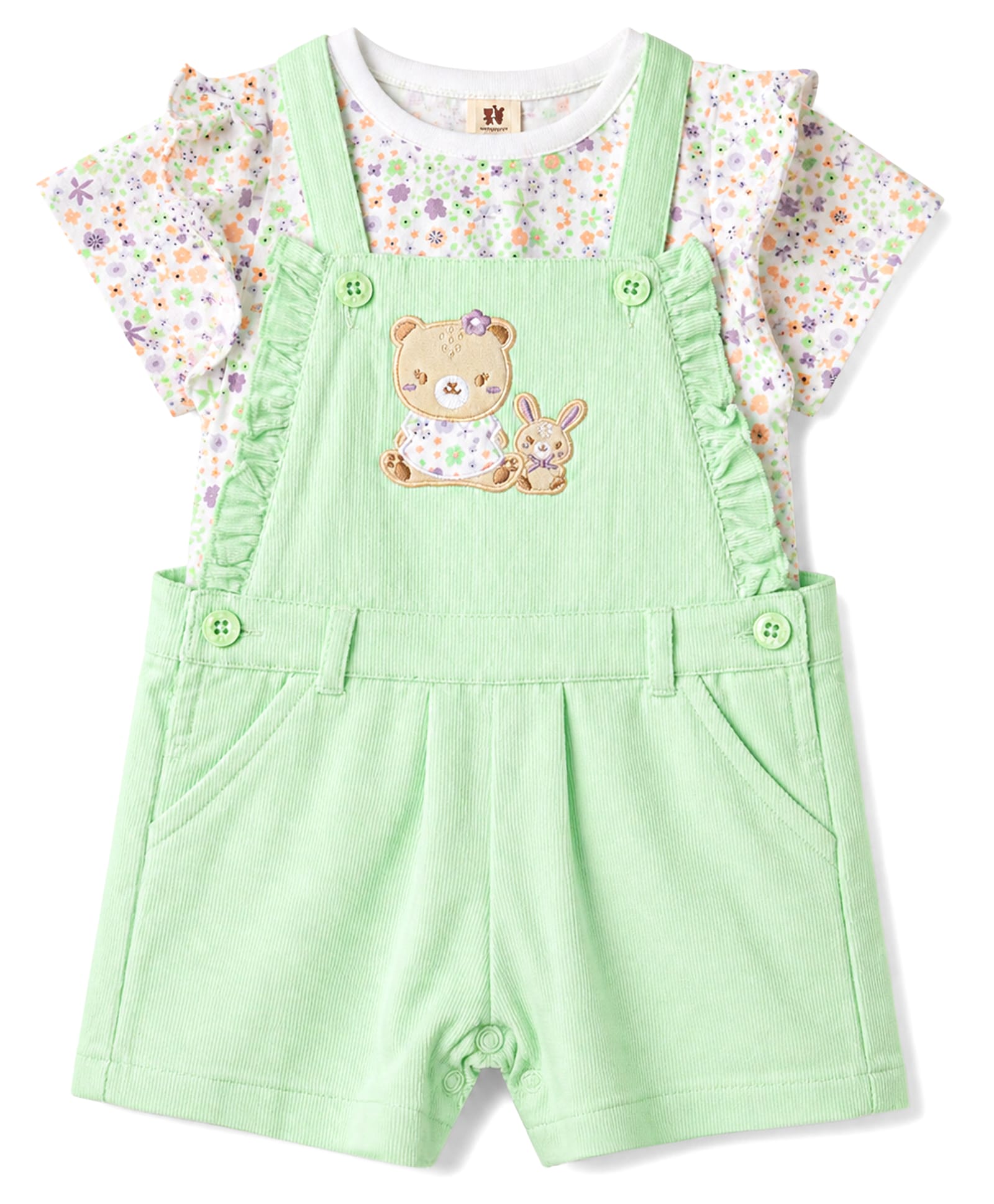 ToffyHouse Cotton Knit Dungaree & Half Sleeves Inner Tee with Teddy Embroidery - Sea Green-picture-31