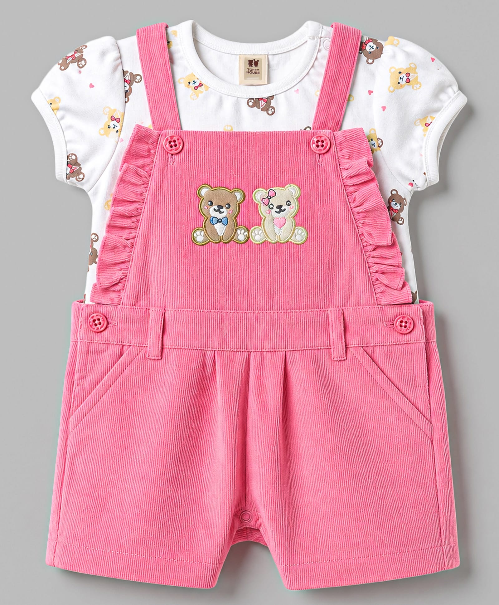 ToffyHouse Cotton Knit Dungaree & Half Sleeves Inner Tee with Teddy Embroidery - Pink-image-33