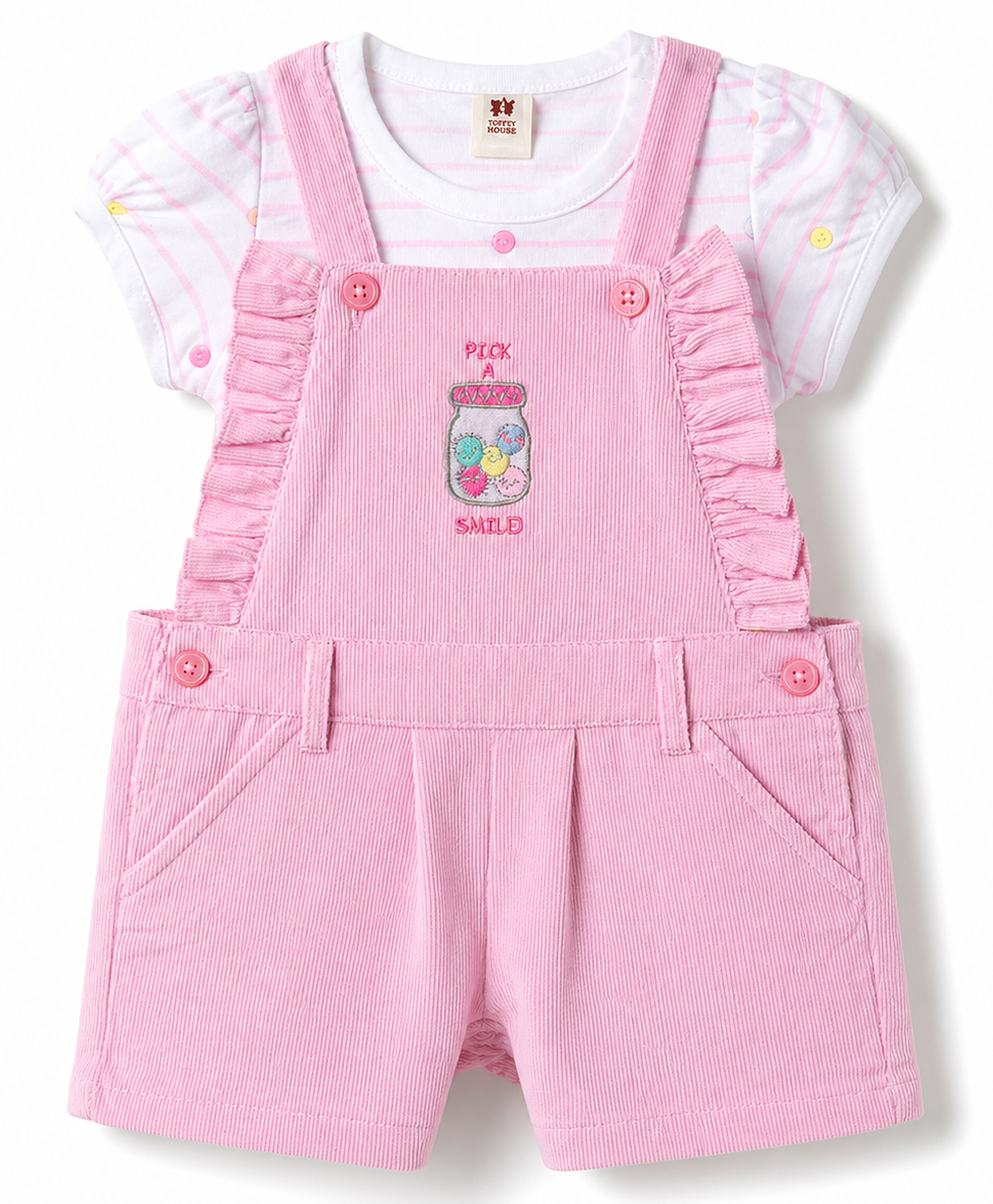 ToffyHouse Cotton Knit Dungaree & Half Sleeves Inner Tee with Smiley Print & Embroidery - Pink-picture-30