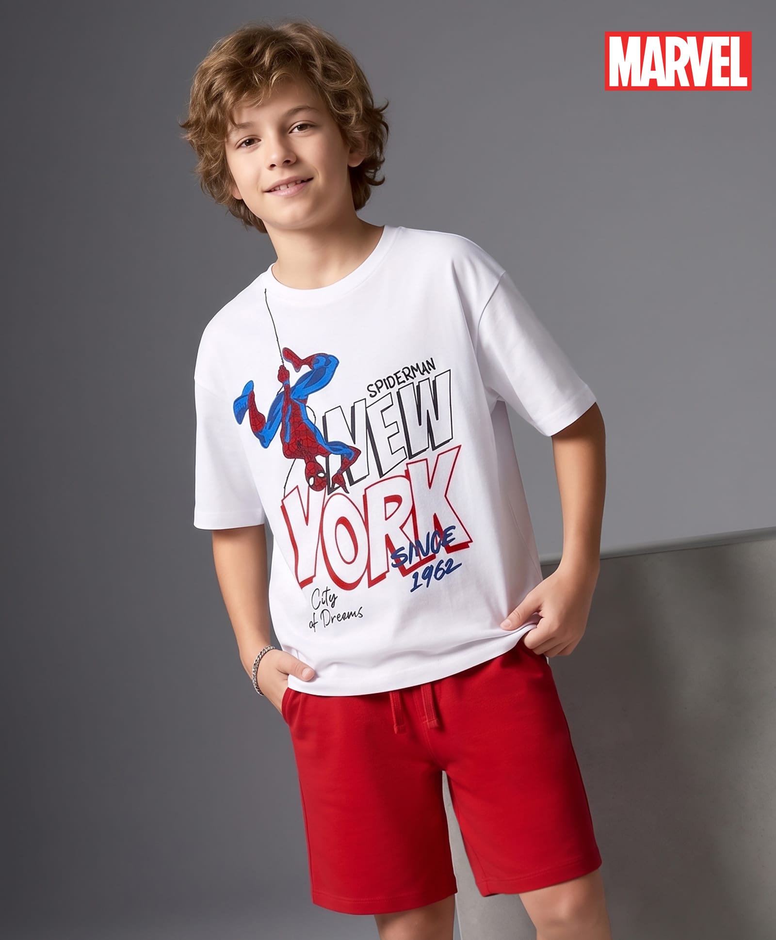Primo Gino Marvel 100% Cotton Knit Drop Shoulder Half Sleeves T-Shirt & Shorts Set With Spider Man Graphics - Red-image-38