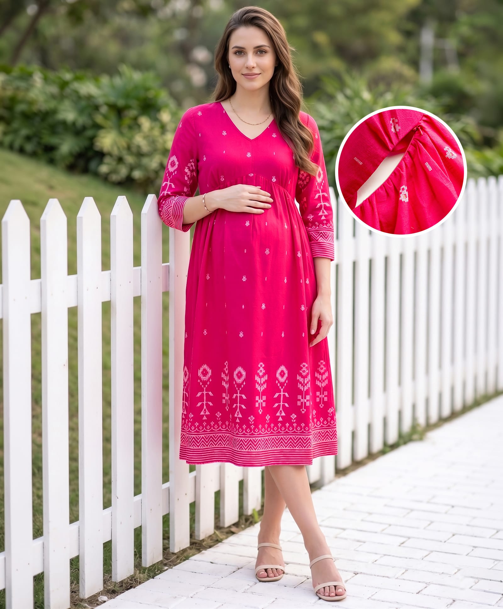 Bella Mama Viscose Woven Three Forth Sleeves Floral Printed Maternity Dress - Pink-image-44