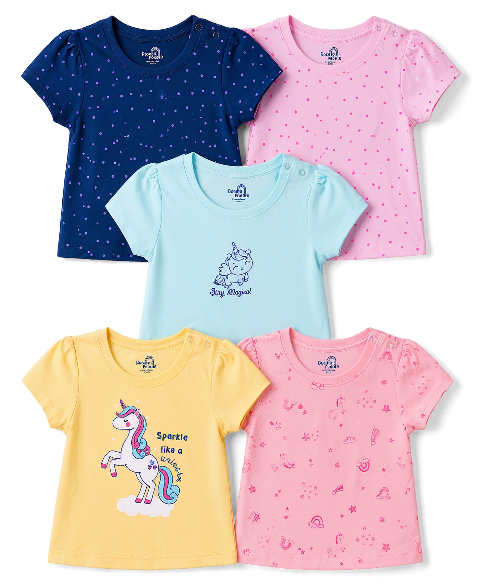 Doodle Poodle Single Jersey Knit Half Sleeves T-Shirt with Unicorn Print Pack of 5 - Blue Pink & Yellow-image-34