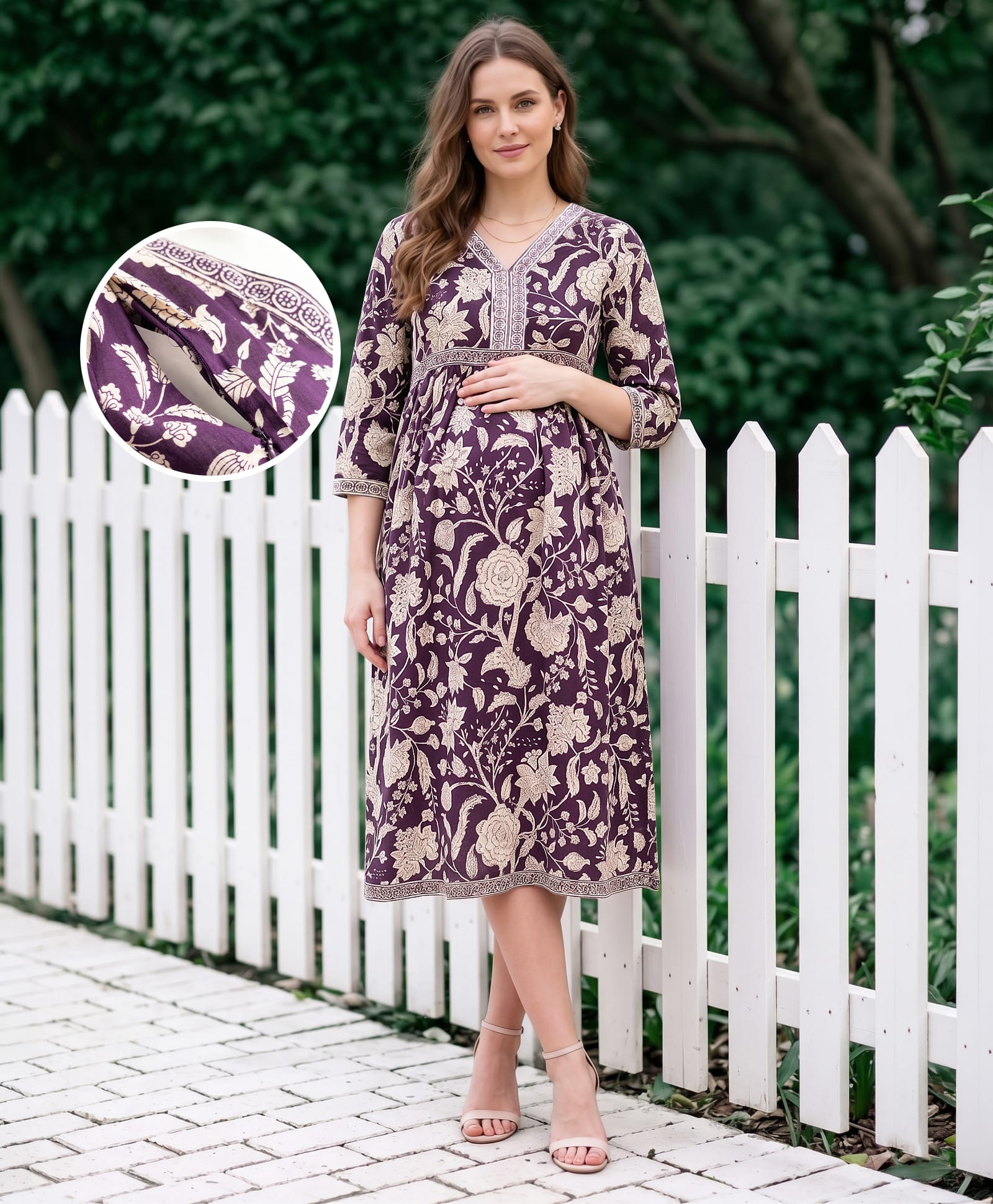Bella Mama Woven Three Fourth Sleeves Floral Print With Border Detailing Maternity Dress - Wine-image-14