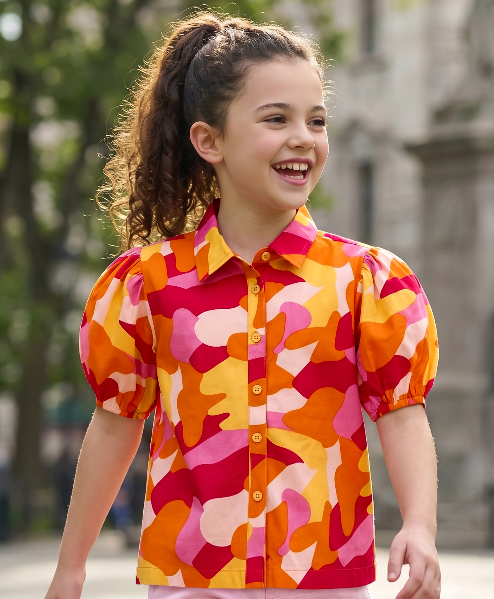Pine Kids Rayon Woven Collar Neck Shirt Style Top with Camouflage Print -Rust Orange-image-26