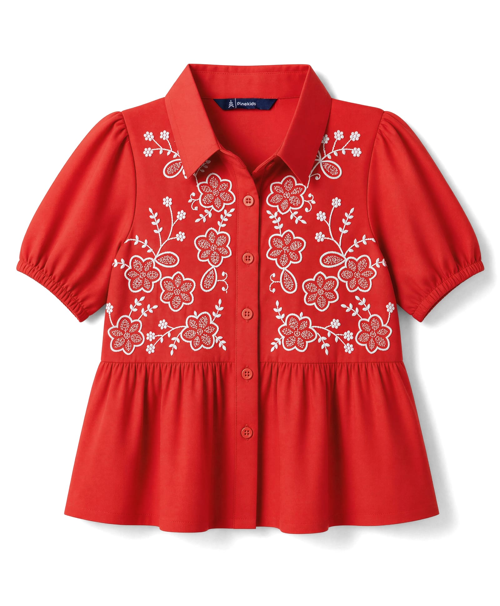 Pine Kids Woven Half Sleeves Peplum Top With Floral Embroidered Detail - Red-image-6