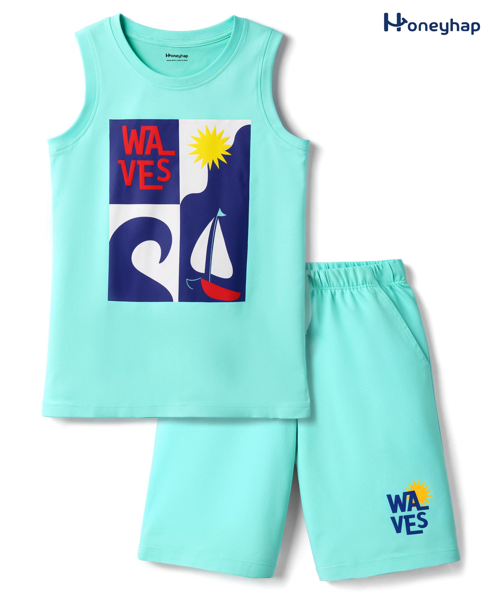 Honeyhap Premium 100% Cotton Knit With Bio Finish Sleeveless T-Shirt & Shorts Night Suit with Boat Print - Aruba Blue-image-6