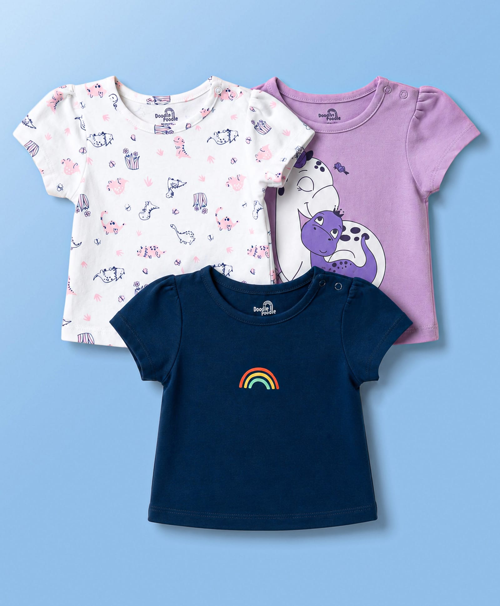 Doodle Poodle Single Jersey Knit Half Sleeves T-Shirts With Animal & Rainbow Print Pack of 3 - Navy Blue White & Purple-picture-30