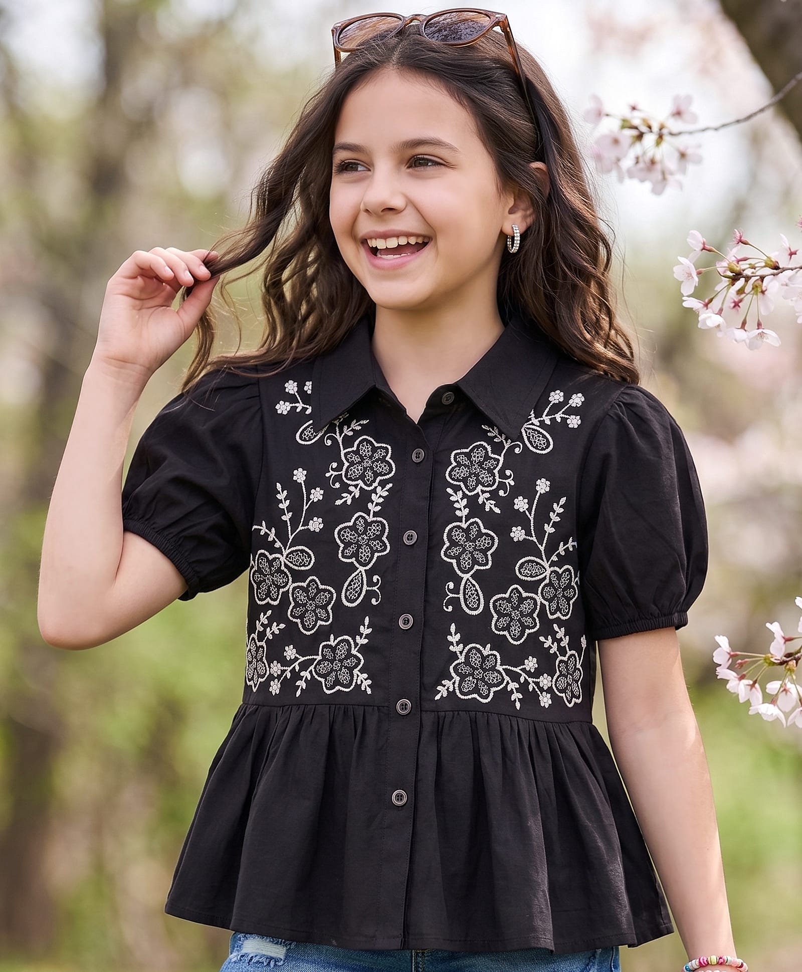 Pine Kids Rayon Woven Half Sleeves Peplum Top with Floral Embroidered Details - Black-image-27