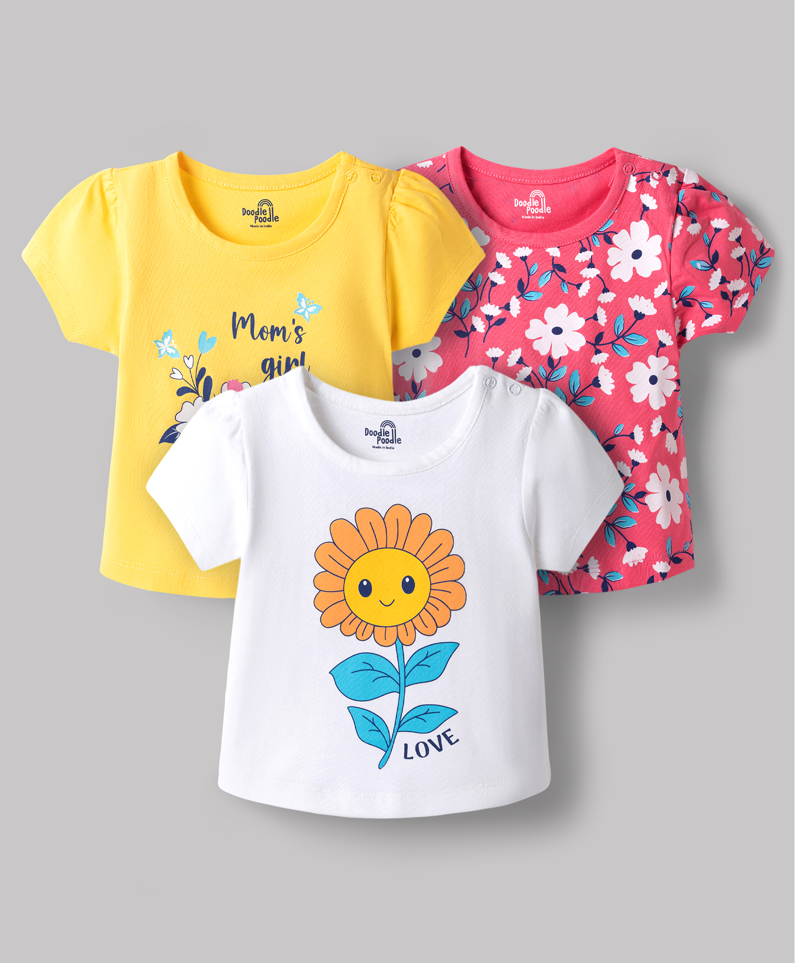 Doodle Poodle Cotton Knit T-Shirts Half Sleeves Printed Yellow 0-0 Months Pack of 3-image-4