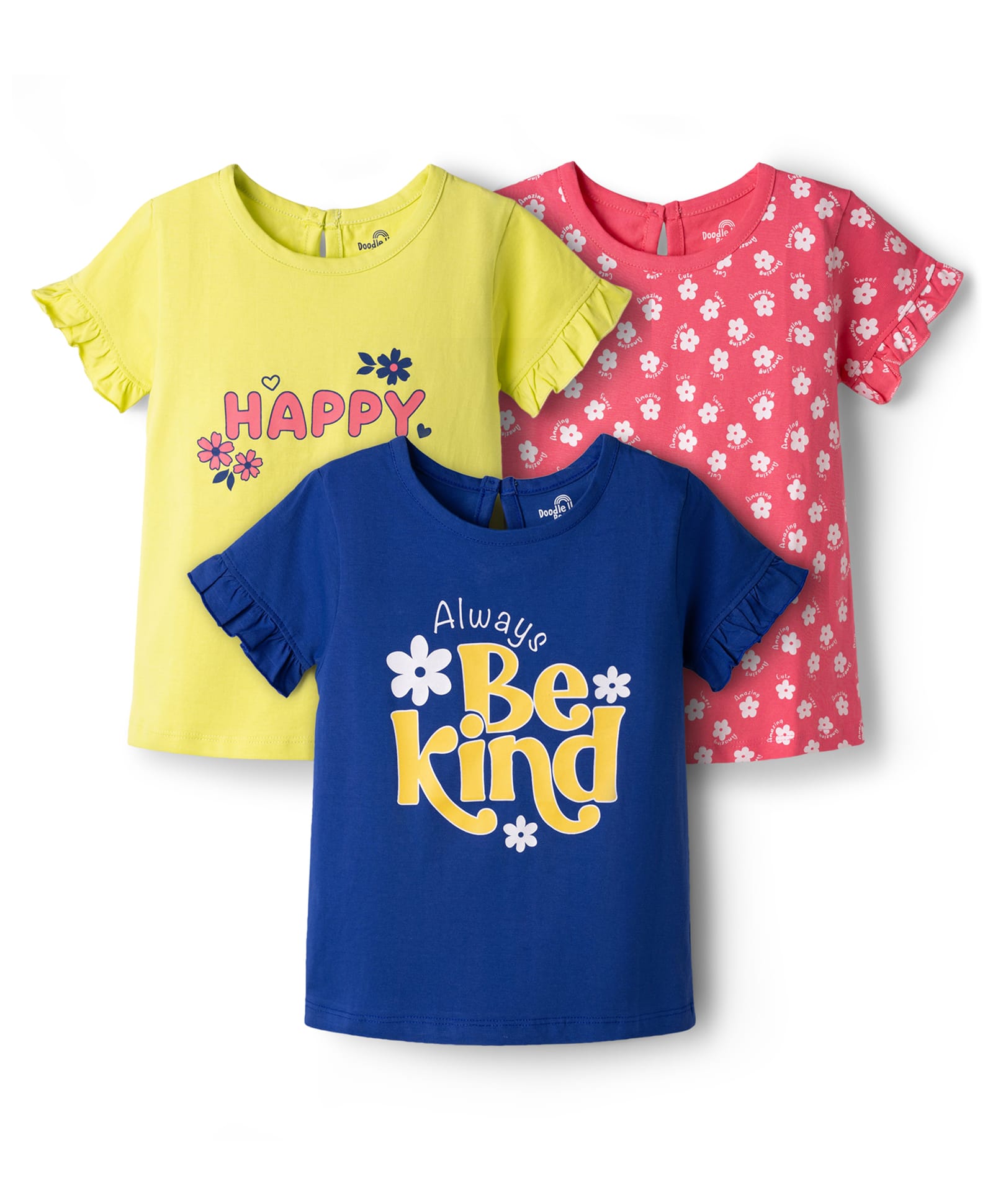 Doodle Poodle 100% Cotton Knit Half Sleeves Floral Printed Tops Pack Of 3 - Lime Green Navy Blue & Pink-image-15