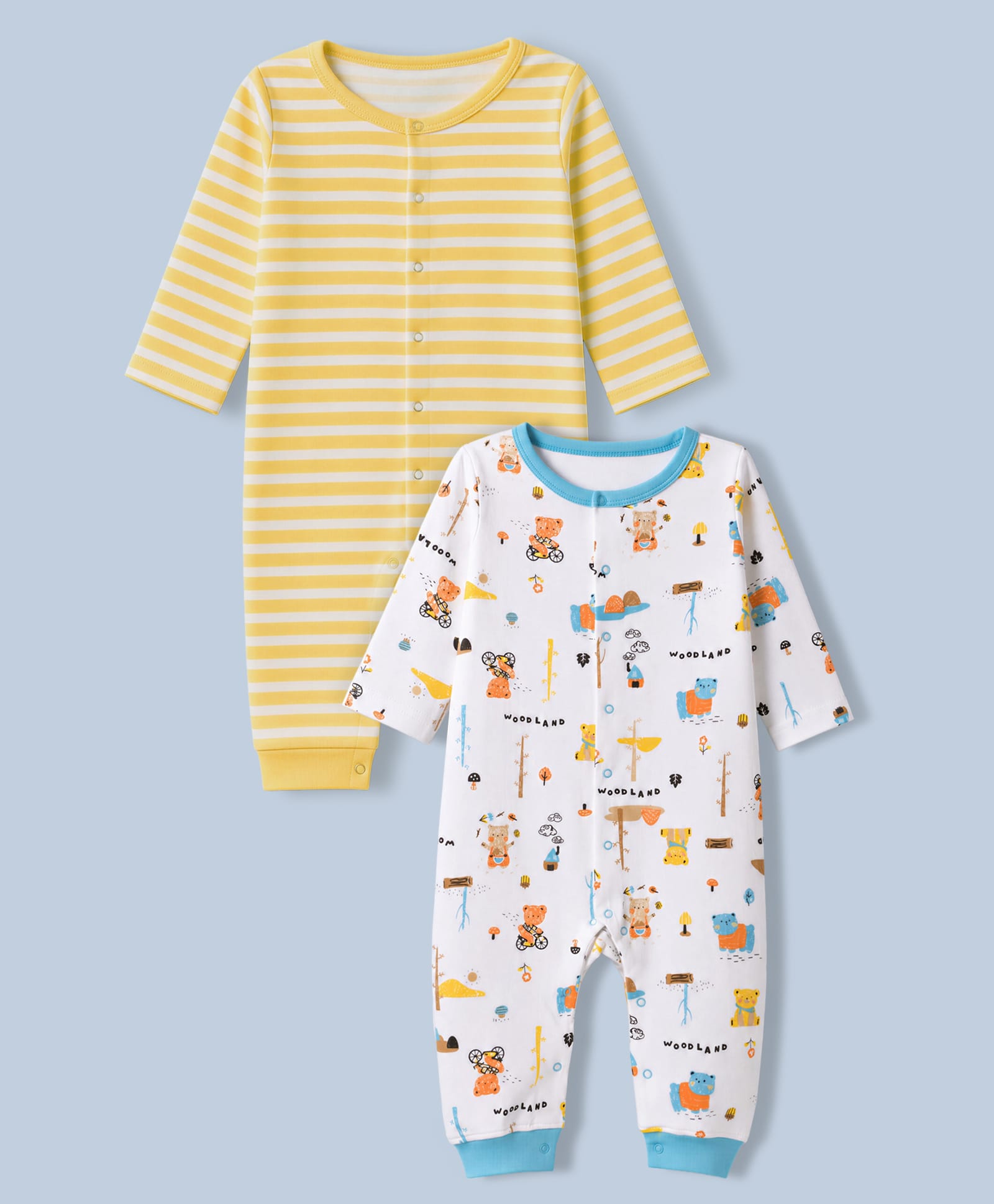 Babyhug 100% Cotton Knit Full Sleeves Striped & Bear Printed Rompers Pack Of 2 - Yellow & White-image-23