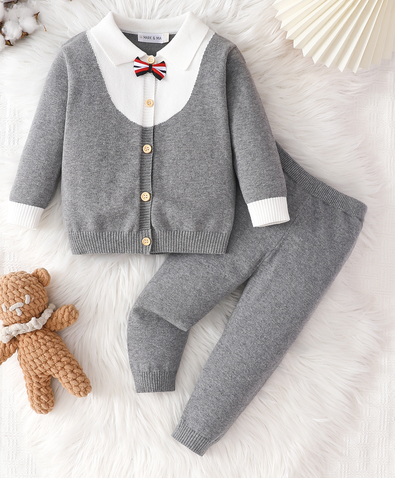 Mark & Mia Cotton Full Sleeves Sweater & Pant With Bow Applique - Grey-image-11