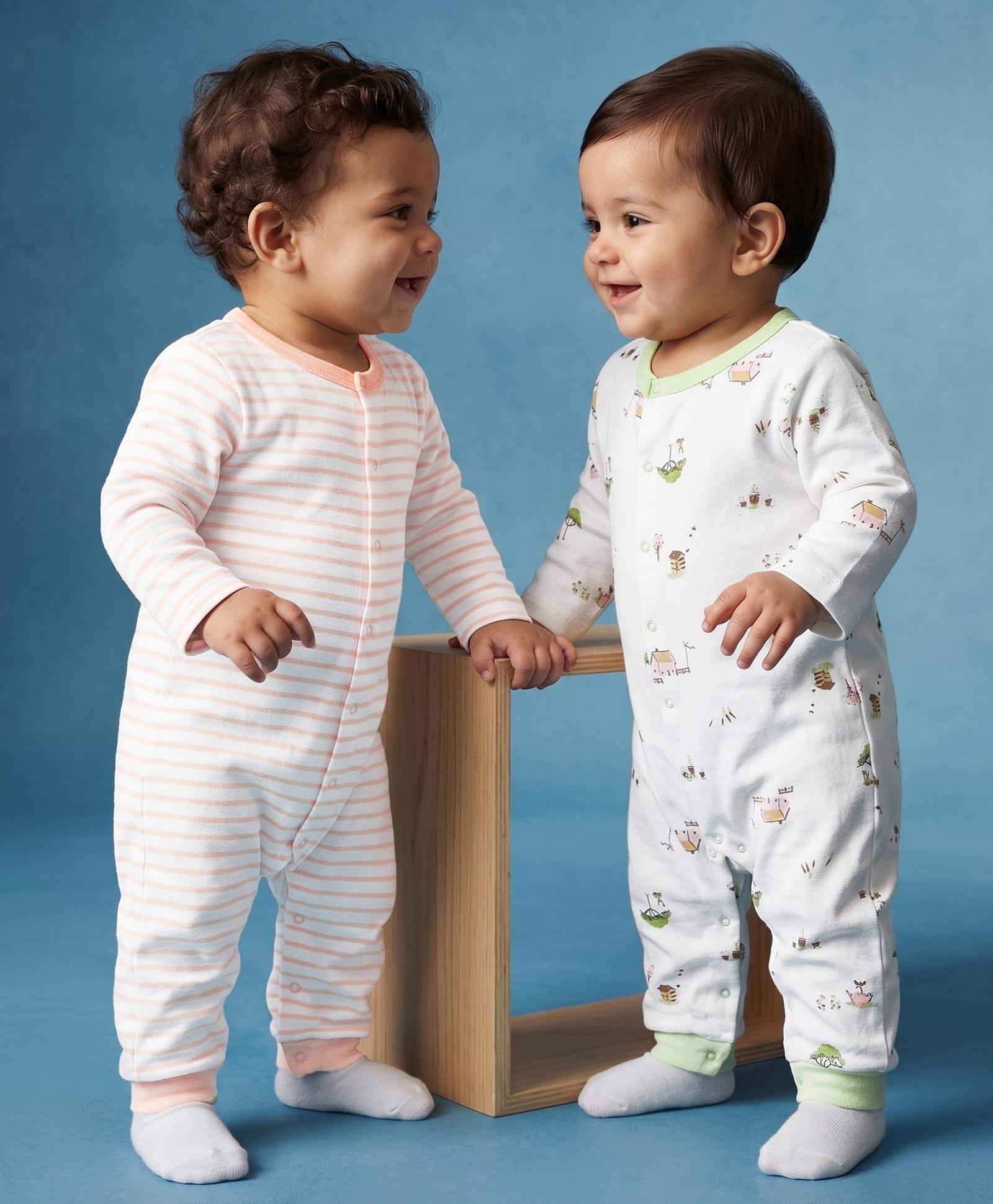 Babyhug 100% Cotton Knit Full Sleeves Striped & House Printed Rompers Pack Of 2 - White & Peach-image-22