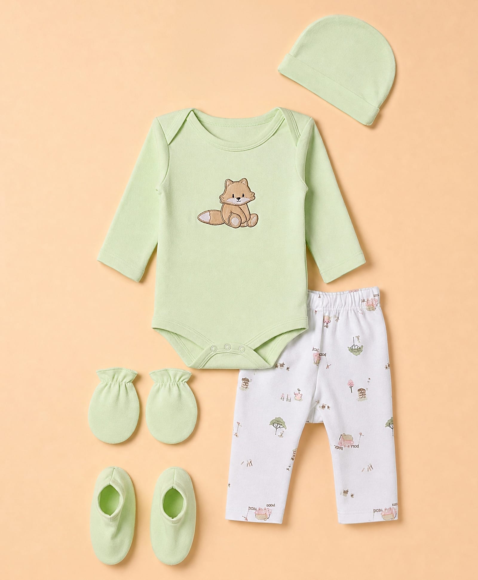 Babyhug 100% Cotton Interlock Knit Full Sleeves Fox Printed Onesies with Leggings & Cap Mittens and Booties - Light Green-image-3