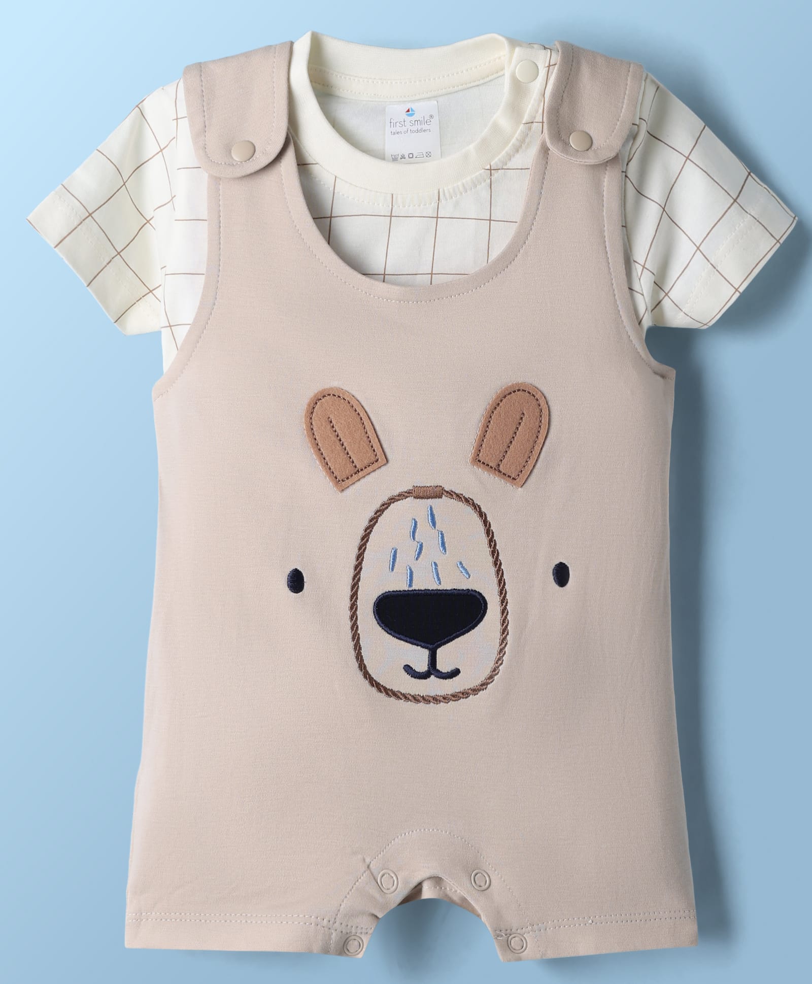 First Smile Interlock Knit Dungaree Style Romper With Bear Embroidery & Half Sleeves Checks T-Shirt - Ivory-image-46