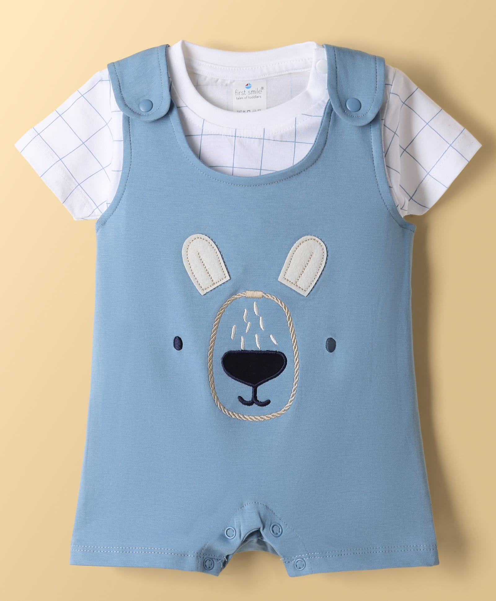 First Smile Interlock Knit Dungaree Style Romper With Bear Embroidery & Half Sleeves Checks T-Shirt - Blue-image-43