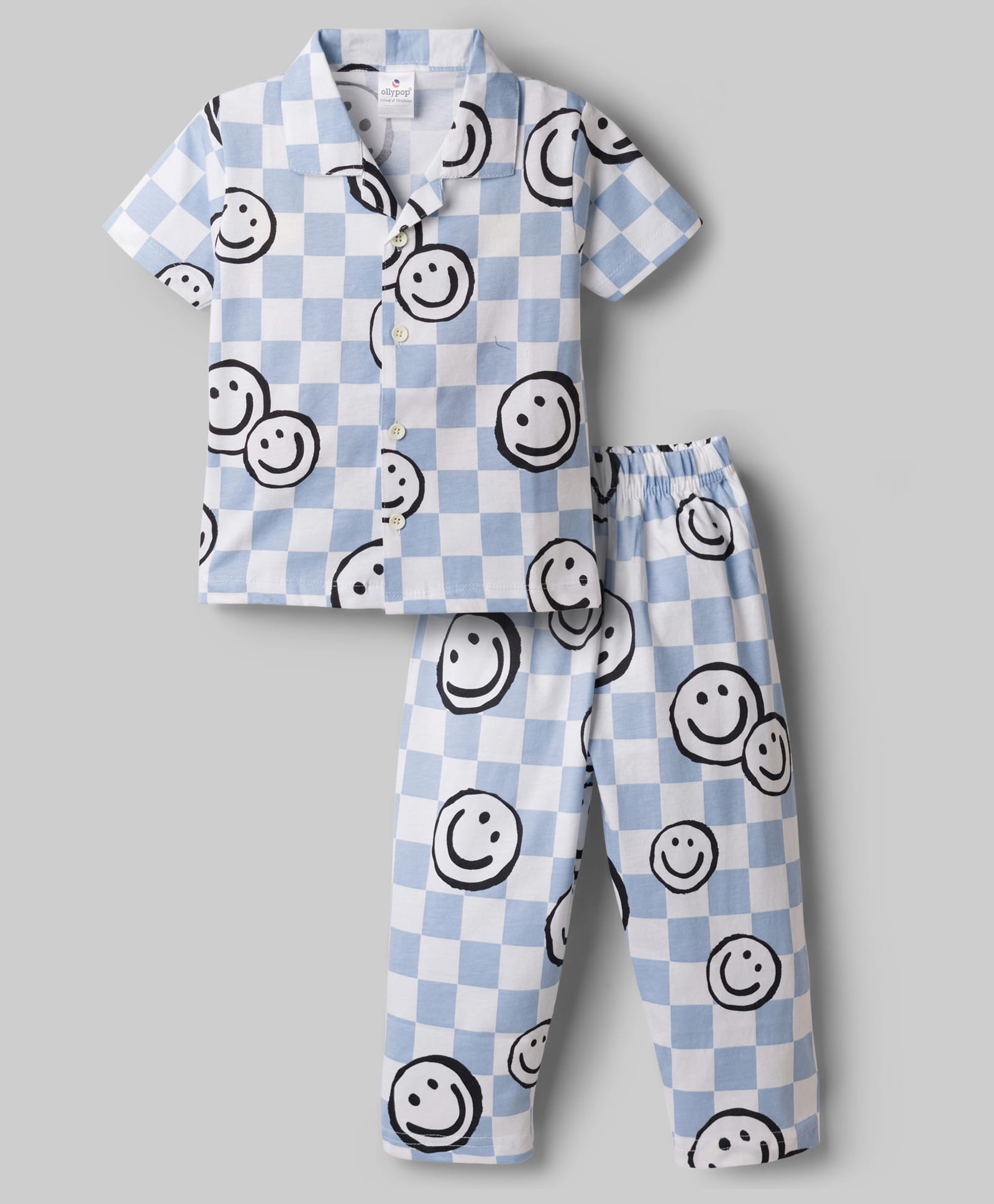 Ollypop Sinker Knit Half Sleeves Checks & Smile Printed Co-Ords Shirt & Pyjama Night Suit - Blue-picture-41