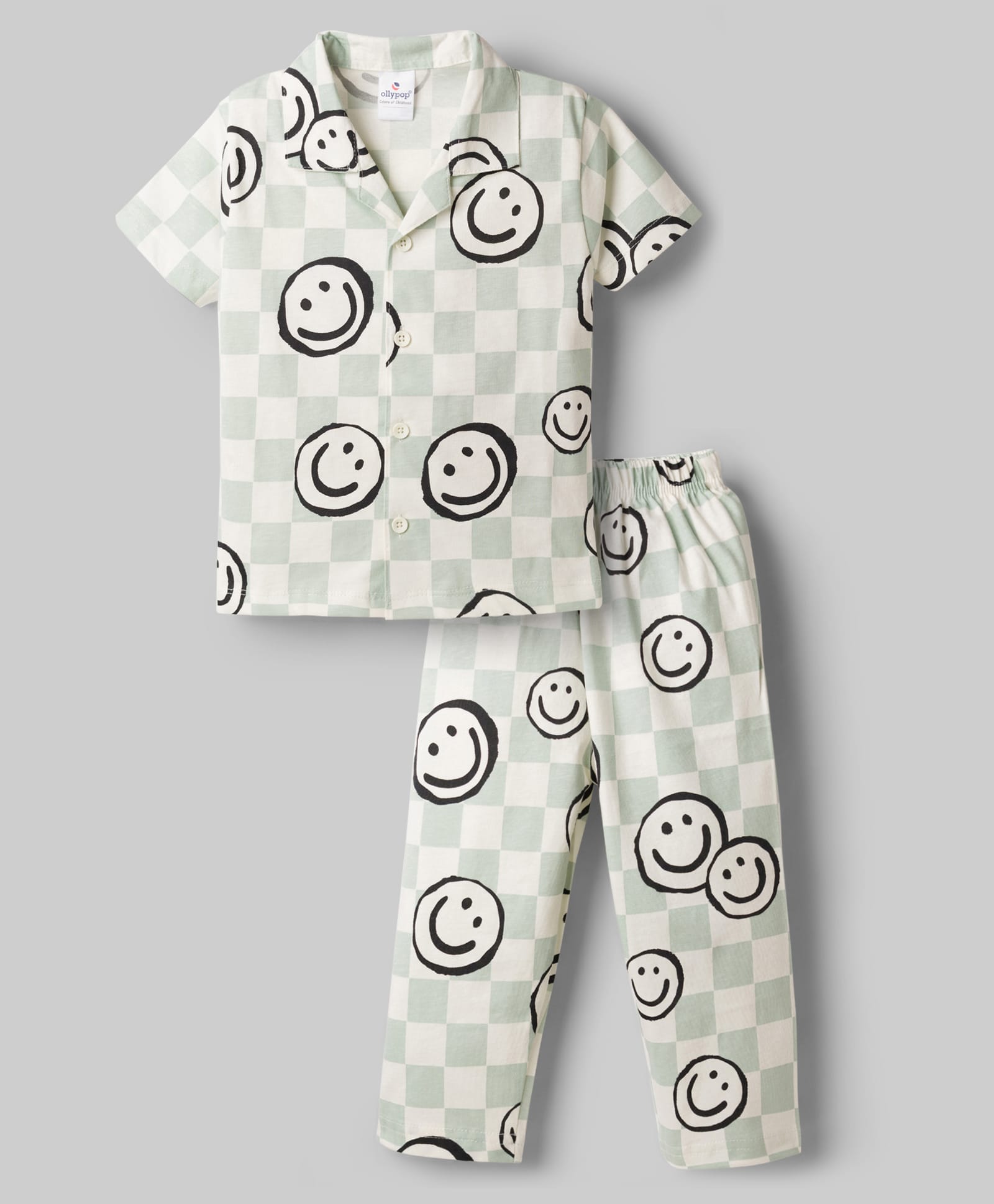 Ollypop Sinker Knit Half Sleeves Checks & Smile Printed Co-Ords Shirt & Pyjama Night Suit - Light Green-image-5