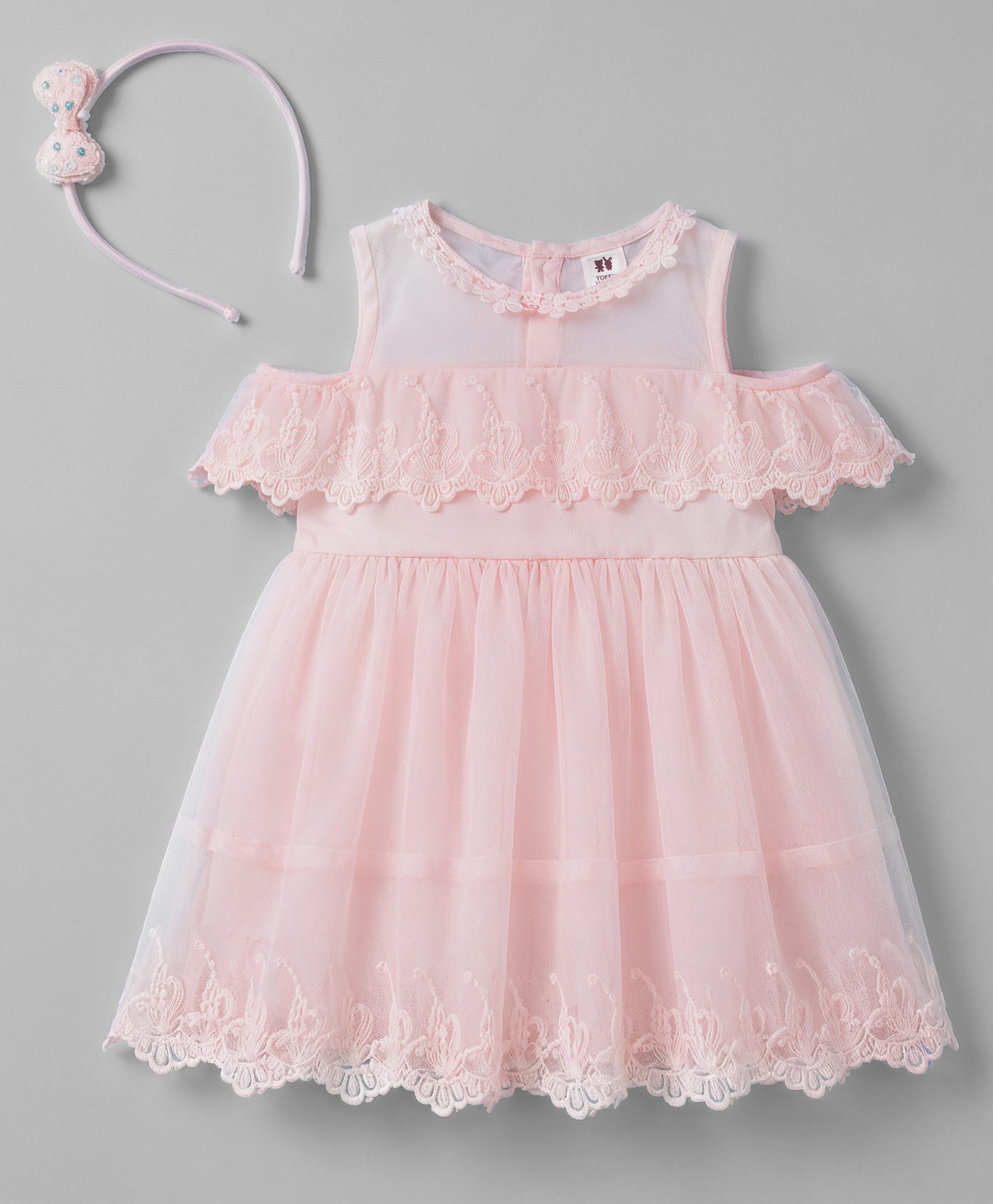 ToffyHouse Cotton Knit Cold Shoulder Party Dress With Headband & Floral Lace Detailing - Pink-picture-48
