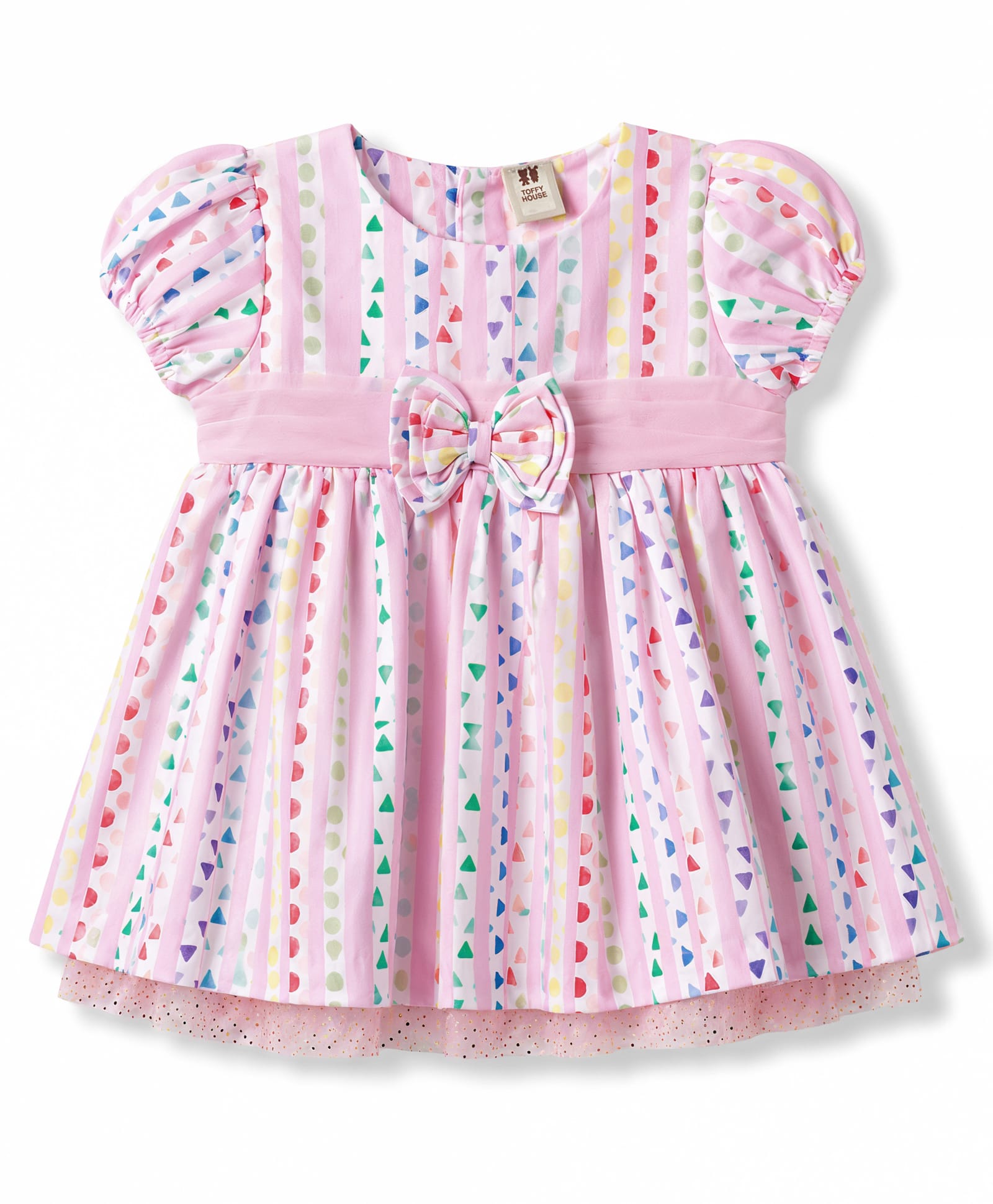 ToffyHouse Cotton Knit Half Sleeves Printed Party Dress With Bow Applique - Multicolor-image-40