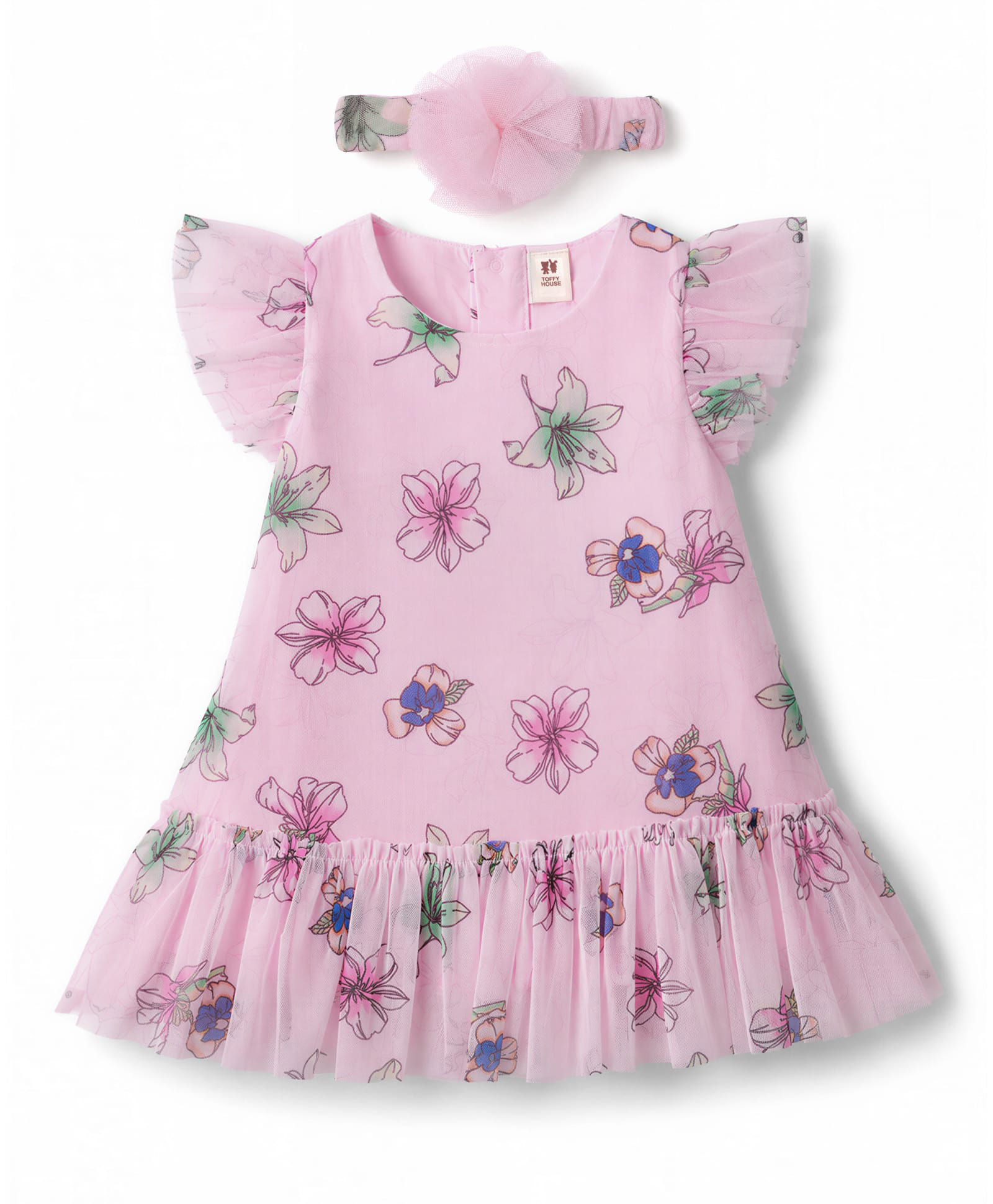 ToffyHouse Cotton Knit Frill Sleeves Dress & Headband With Floral Print - Pink-image-8