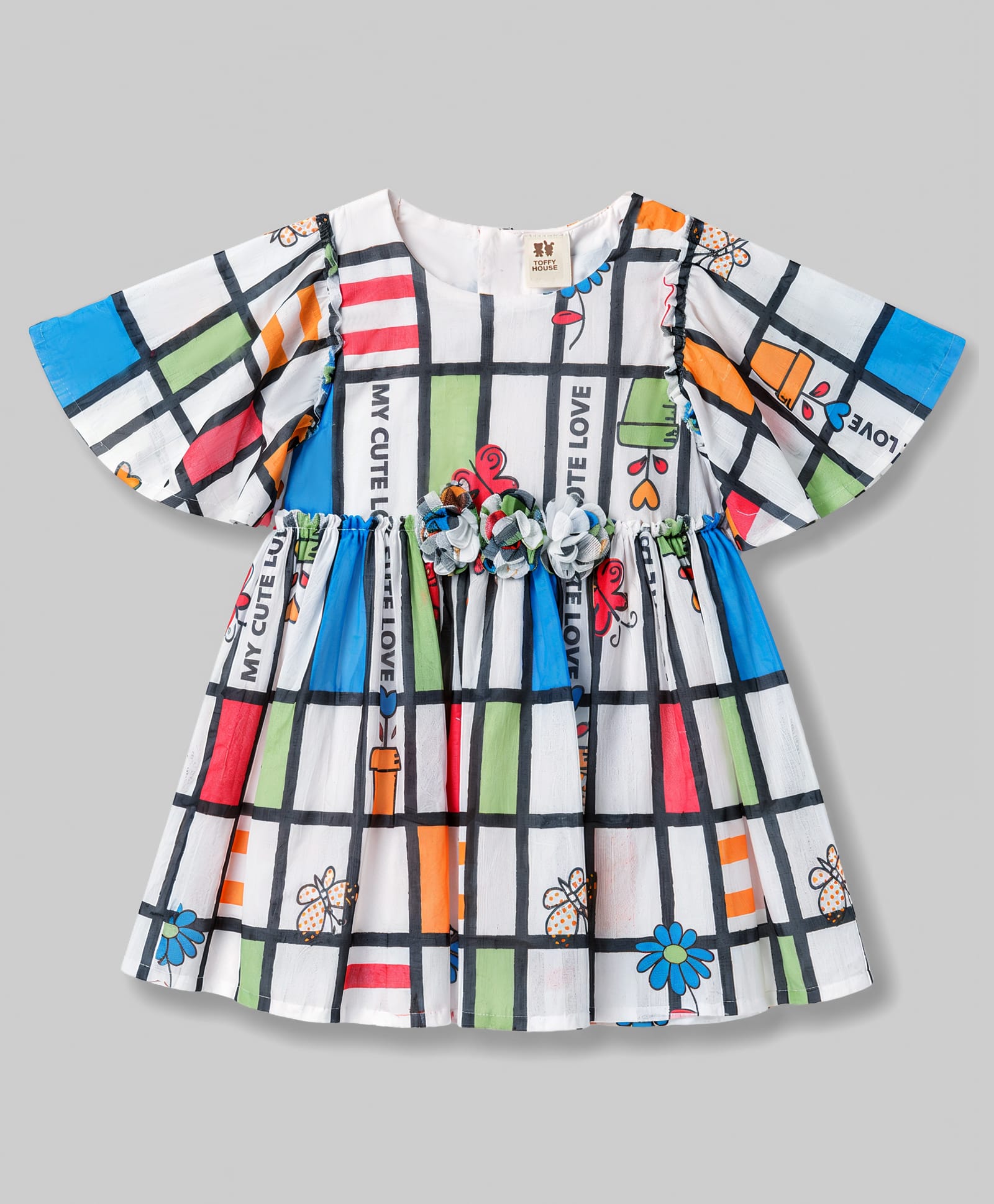ToffyHouse Cotton Knit Half Sleeves Party Dress With Butterfly Print & Floral Applique - Multicolor-picture-46