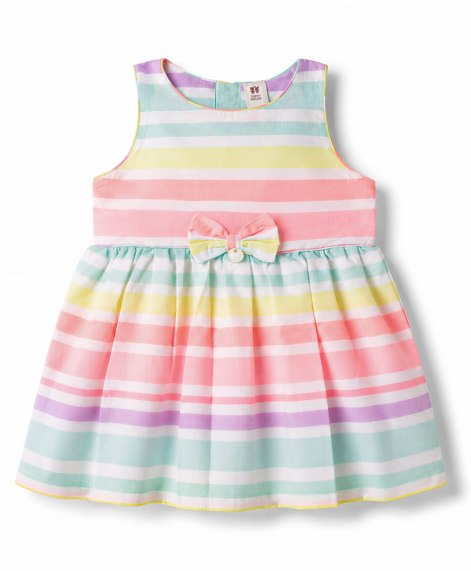ToffyHouse Cotton Knit Sleeveless Striped Party Dress With Bow Applique - Multicolor-image-32