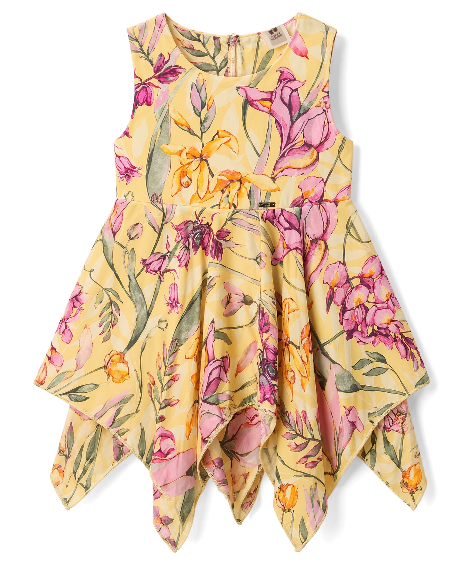 ToffyHouse Cotton Knit Sleeveless Handekerchief Hem Party Dress With Floral Print - Yellow-image-17