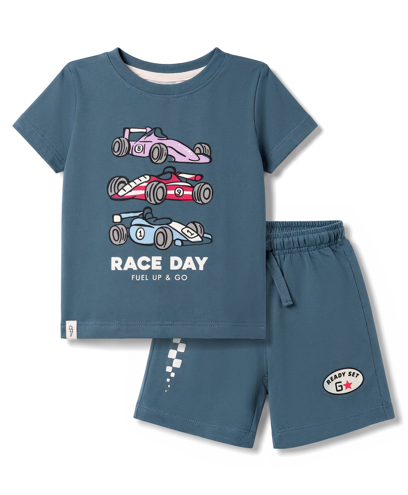 Ollypop Sinker Knit Half Sleeves Vehicles Printed T-Shirt & Shorts Set - Teal Blue-picture-11