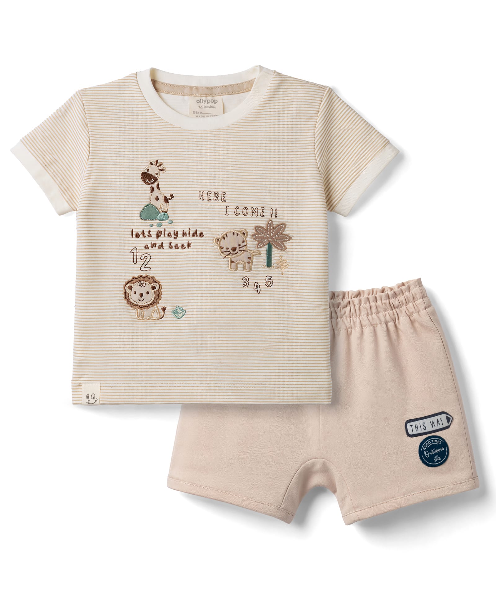 Ollypop Interlock Knit Half Sleeves Striped Giraffe Embroidered T-Shirt & Shorts Set - Ivory-picture-40