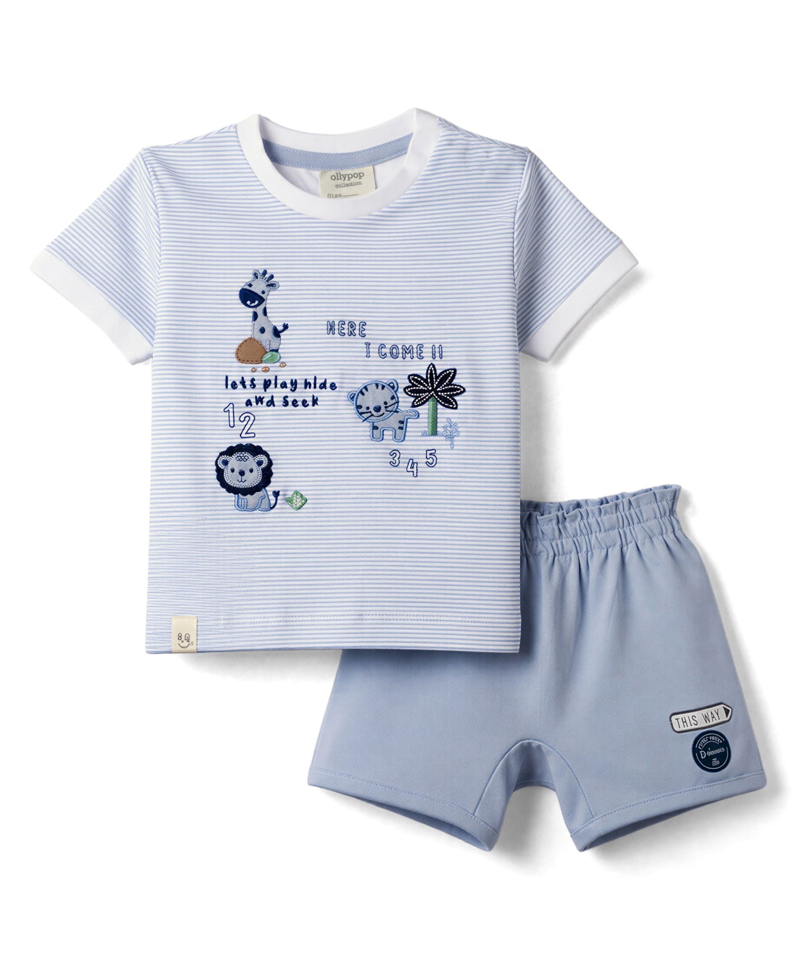 Ollypop Interlock Knit Half Sleeves Striped Giraffe Embroidered T-Shirt & Shorts Set - Light Blue-picture-4