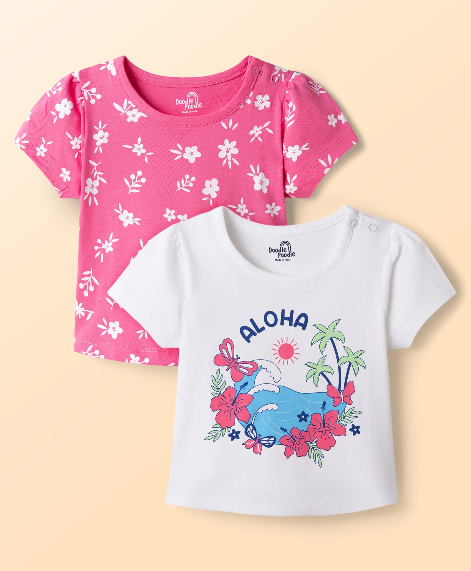 Doodle Poodle Cotton Knit T-Shirts Half Sleeves Printed Pink 0-0 Months Pack of 2-picture-11