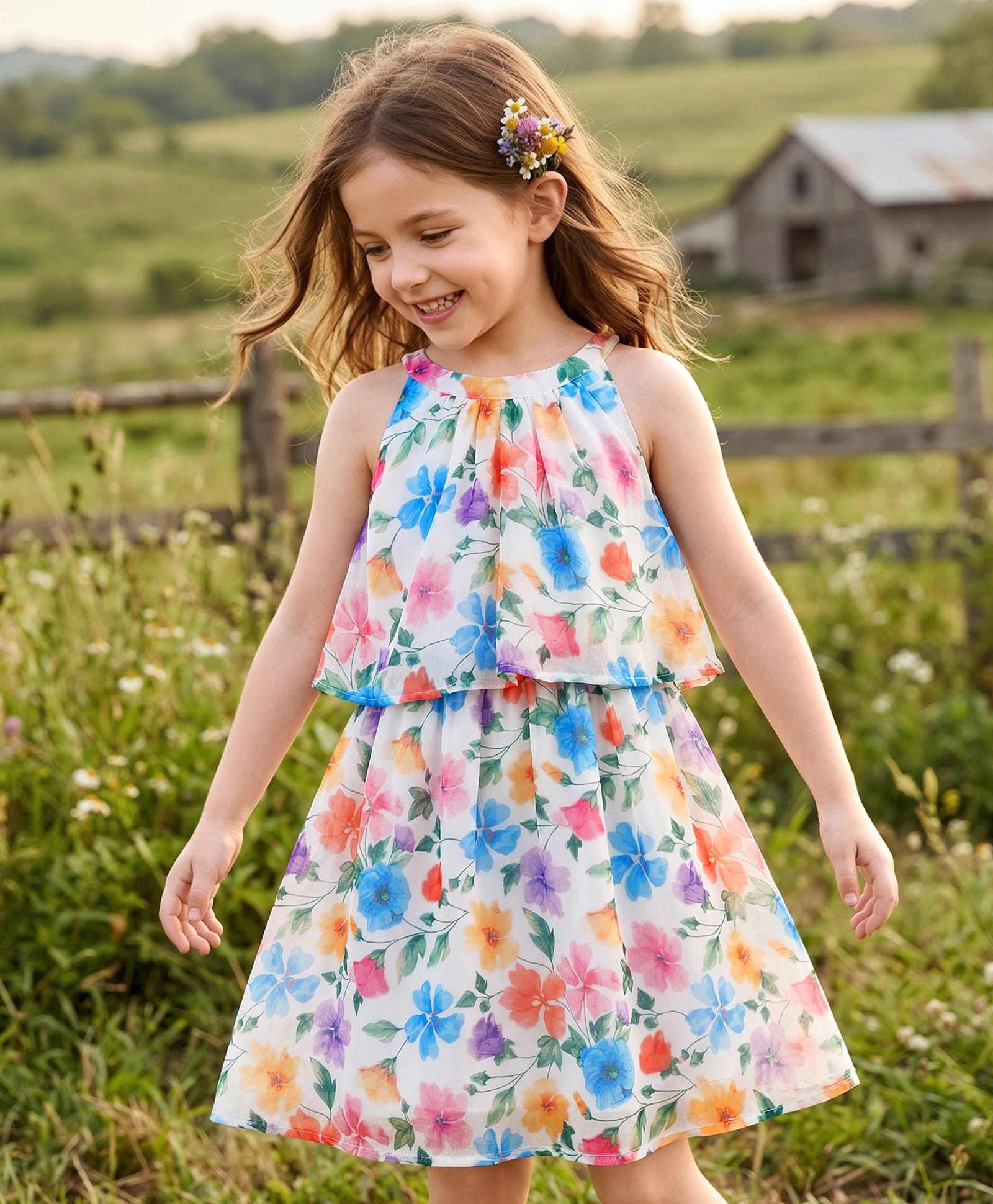 Hola Bonita Woven Dress Sleeveless Halter Neck Floral Print Multi Color 9-10 Years-picture-23