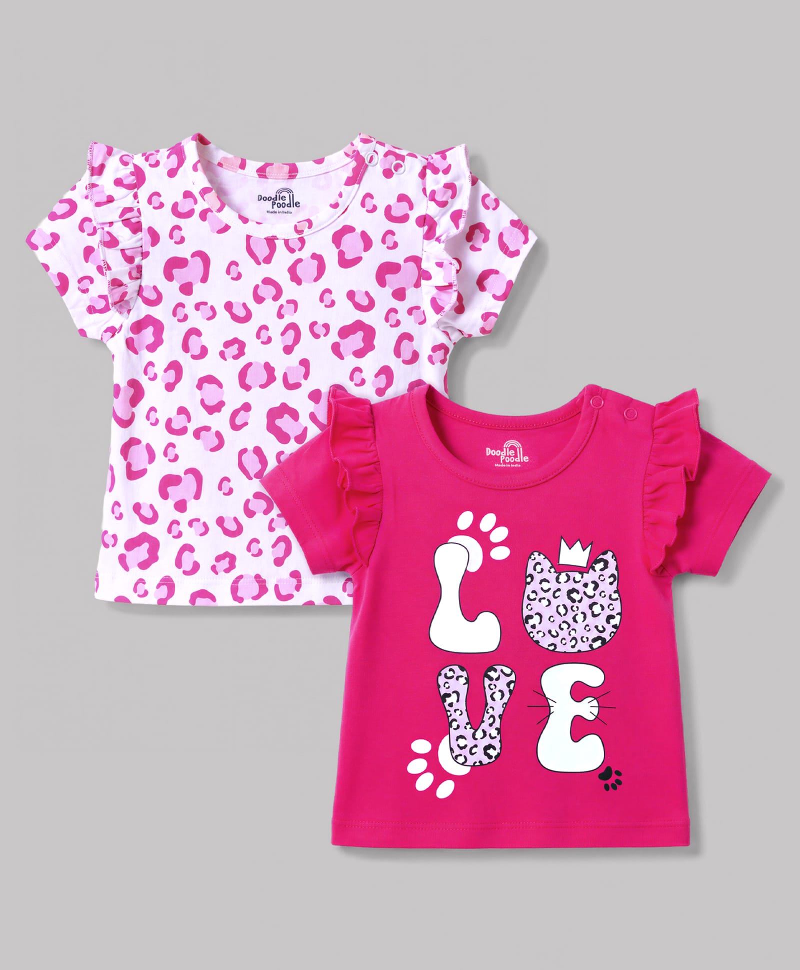 Doodle Poodle Cotton Single Jersey Knit Half Sleeves Cheetah Printed Top Pack of 2 - Pink-image-2