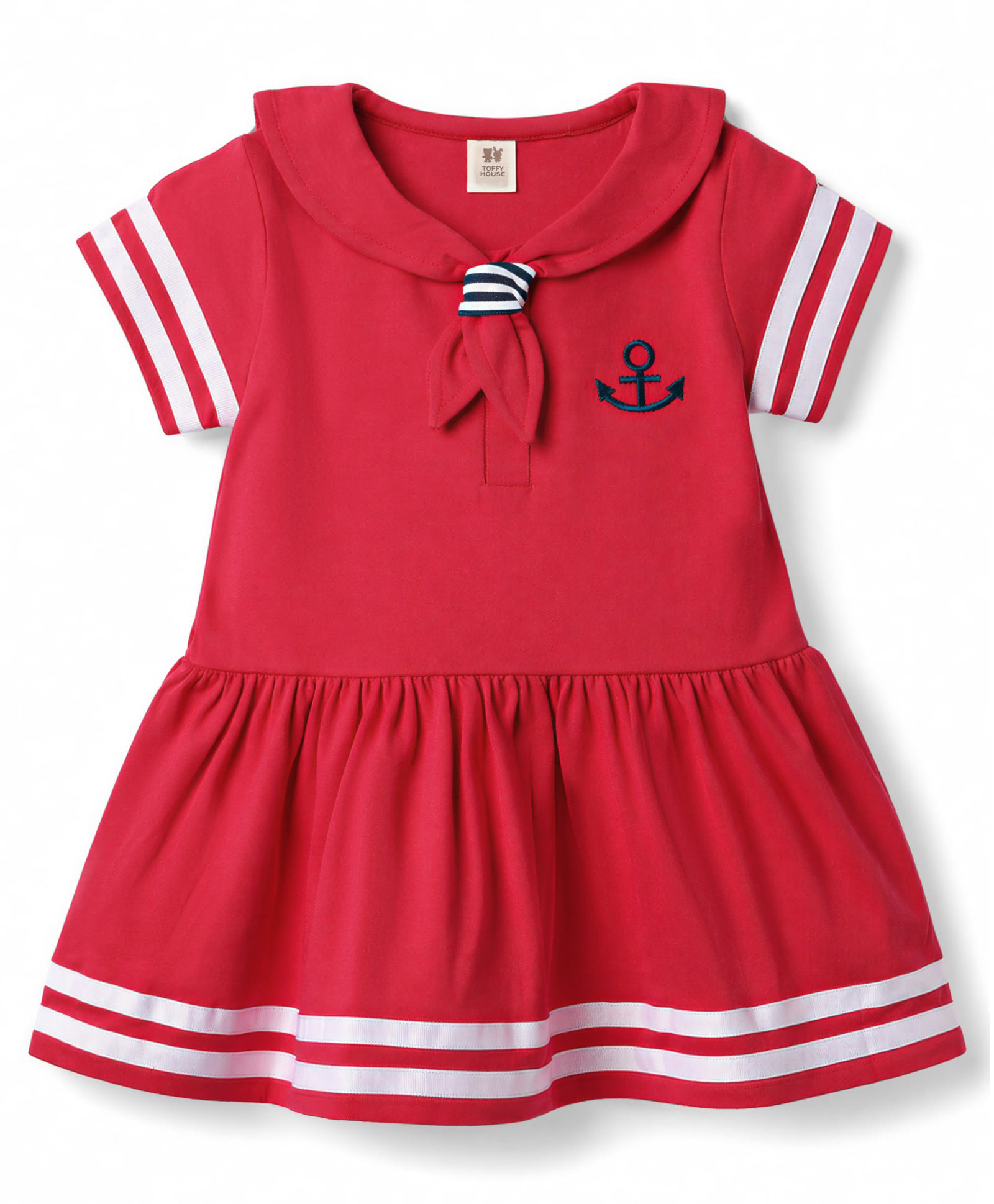 ToffyHouse Knitted Half Sleeves Nautical Theme Printed Sailor Collar Frock - Red-picture-24