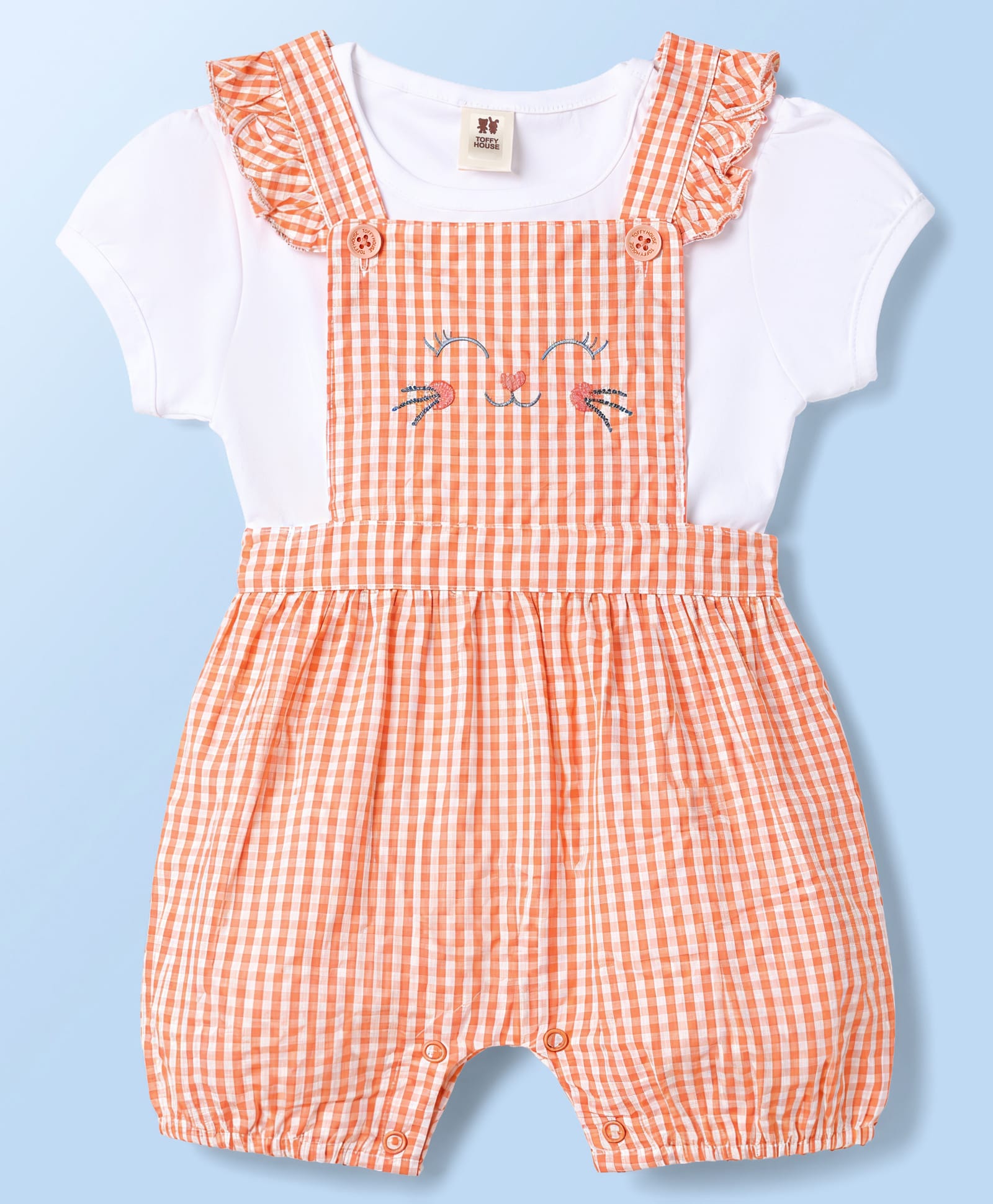 ToffyHouse Cotton Knit Half Sleeves Checks & Kitty Embroidered Dungaree With Inner Tee - Orange-picture-9