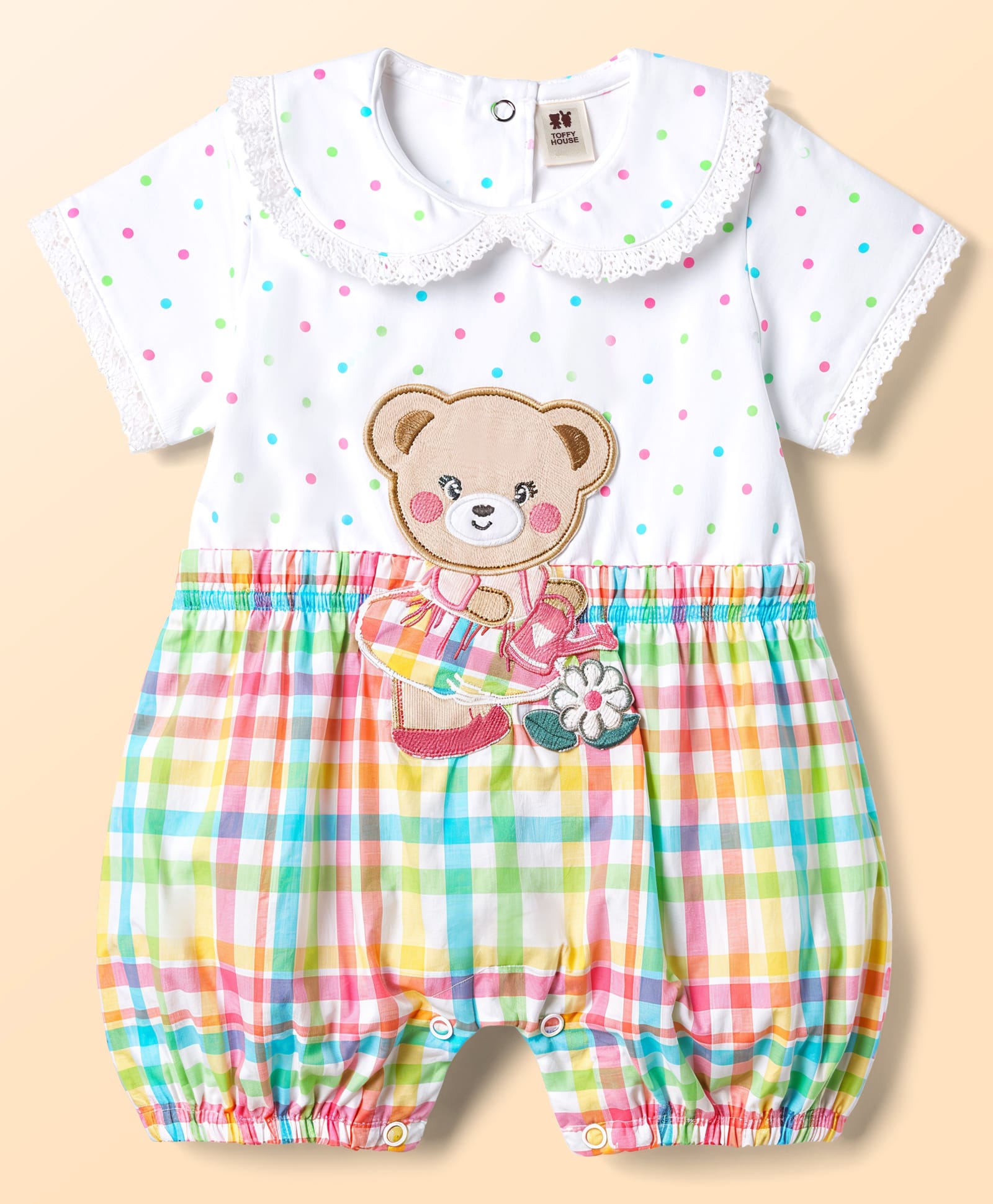 ToffyHouse Knitted Half Sleeves Polka Dots Printed Romper With Bear Patch - Yellow-image-28