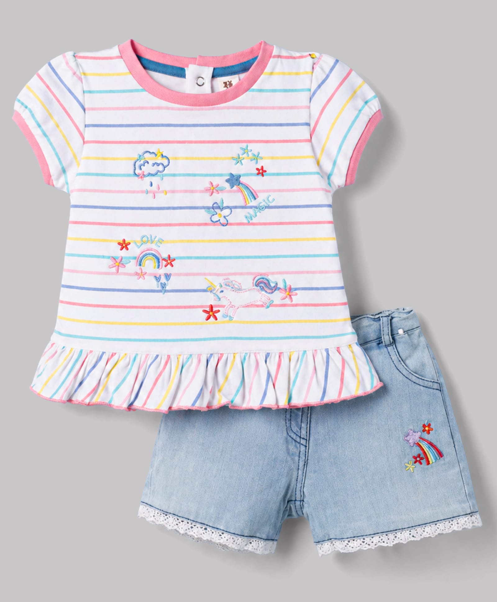 ToffyHouse Knitted Half Sleeves Floral & Unicorn Embroidered Striped Top & Shorts Set - Multicolor-image-37