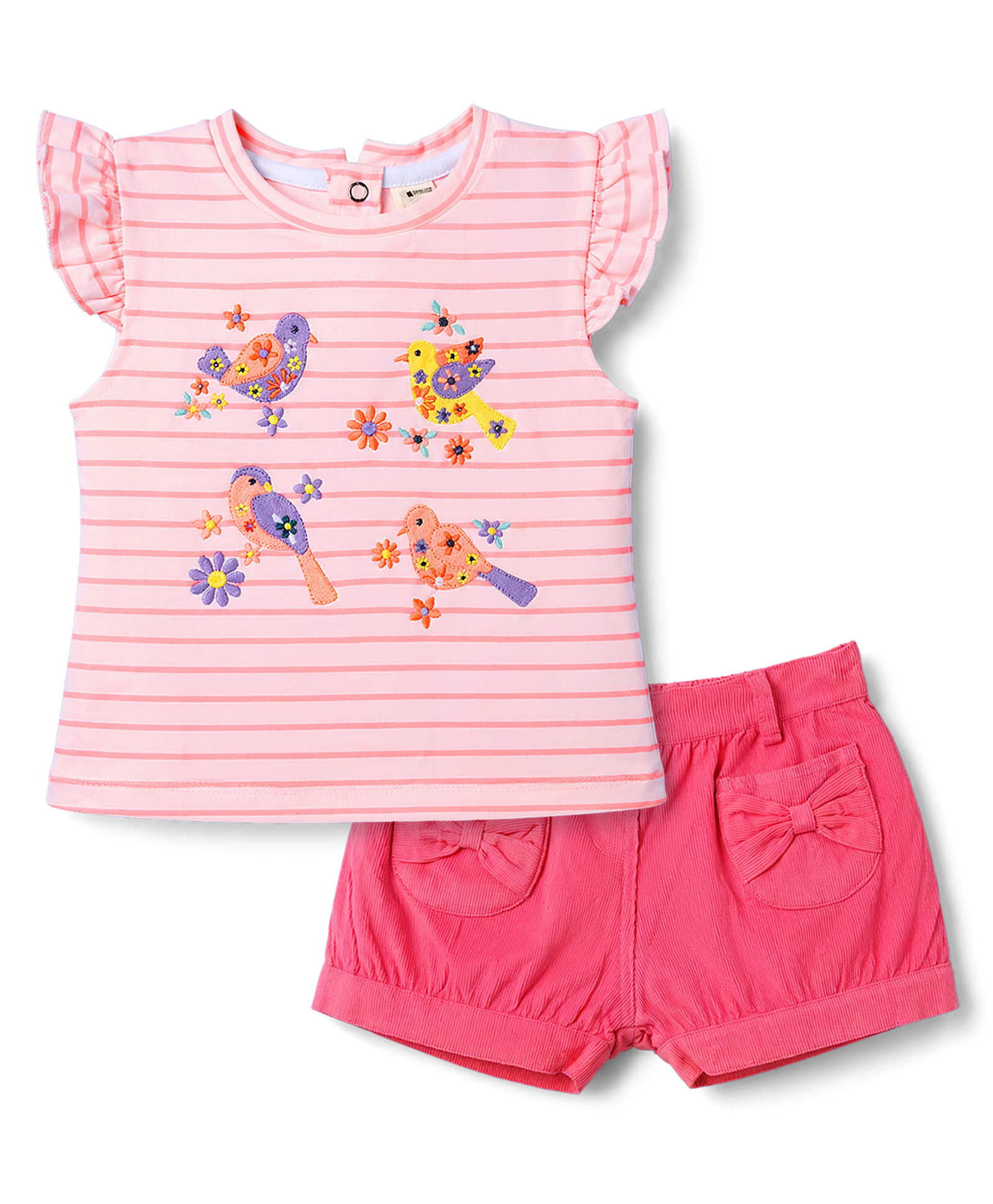 ToffyHouse Cotton Knit Half Sleeves Striped & Birds Embroidered Top & Shorts Set With Bow Applique - Light Pink-image-7