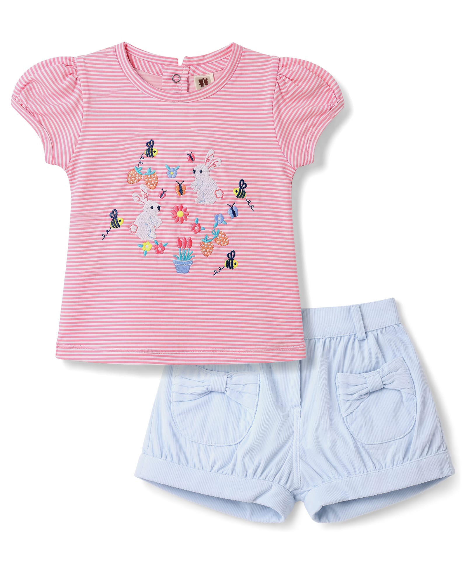 ToffyHouse Knitted Half Sleeves Striped Animal & Floral Embroidered Top & Shorts Set - Light Blue-picture-35