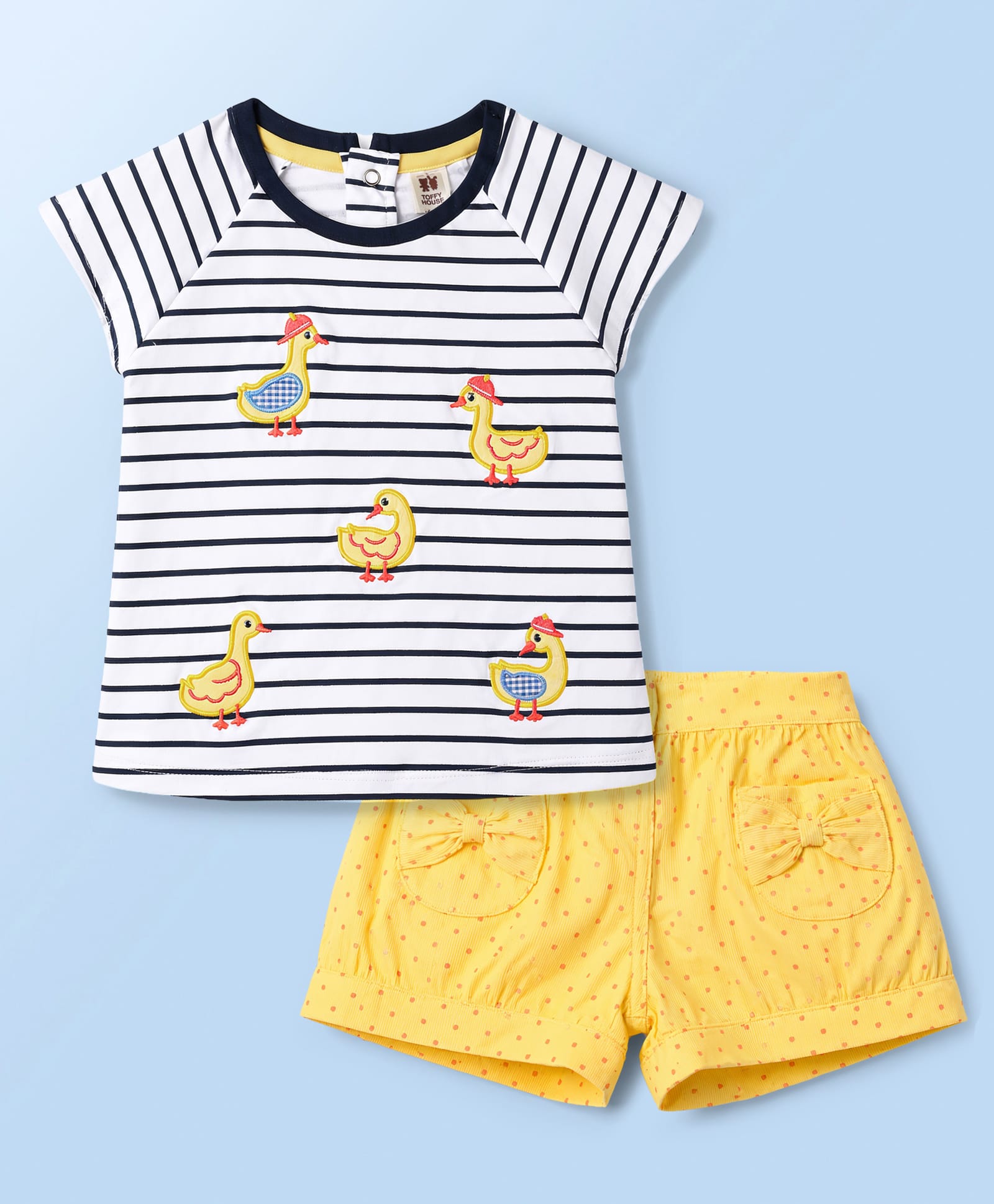 ToffyHouse Knitted Raglan half Sleeves Striped & Duck Embroidered Top & Shorts Set - Yellow-image-35