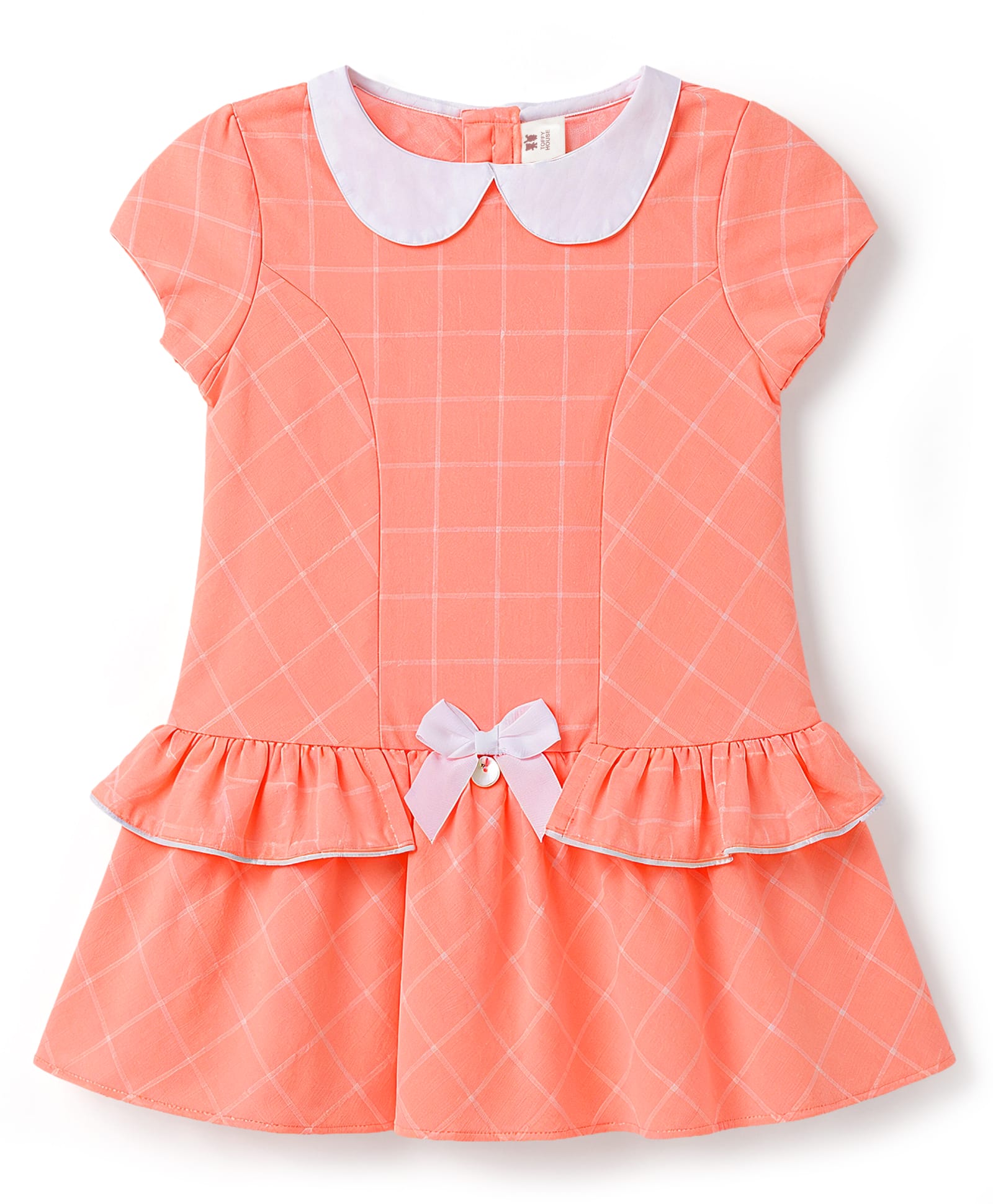 ToffyHouse Cotton Knit Half Sleeves Checks Frock & Bow Applique - Orange-picture-5