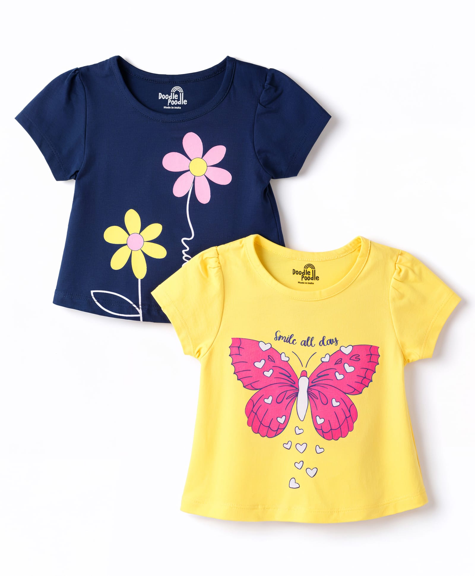 Doodle Poodle Single Jersey Knit Half Sleeves T-Shirts With Floral & Butterfly Print Pack of 2 - Navy Blue & Yellow-picture-1