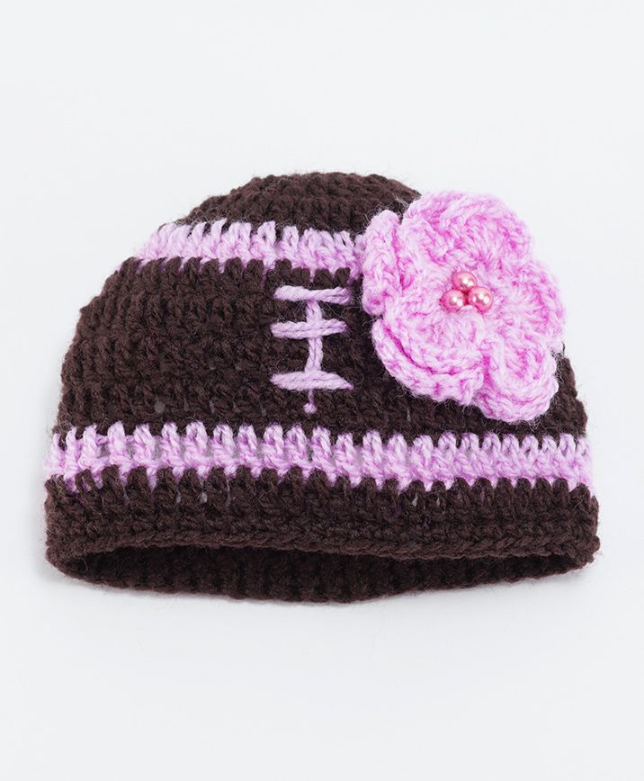 Knits & Knots Cap With Flower & Pearls Applique - Brown & Voilet-image-41