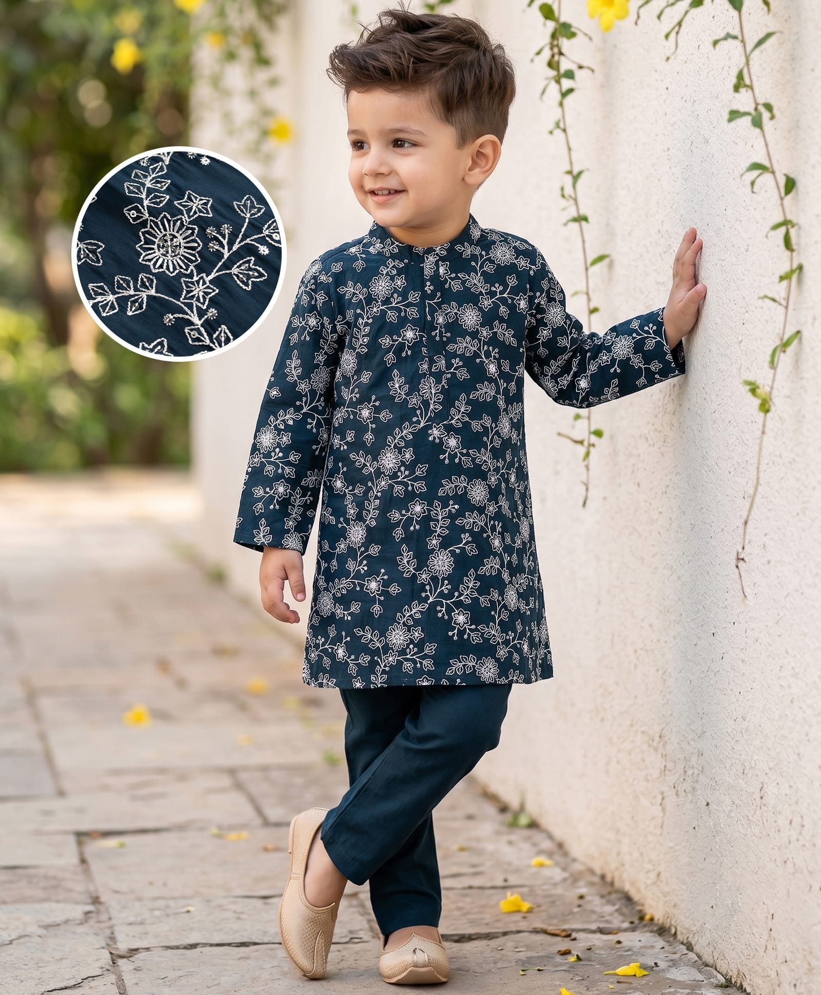 Babyhug Georgette Woven Full Sleeves Floral Embroidered Kurta & Pyjama Set - Navy Blue-image-30