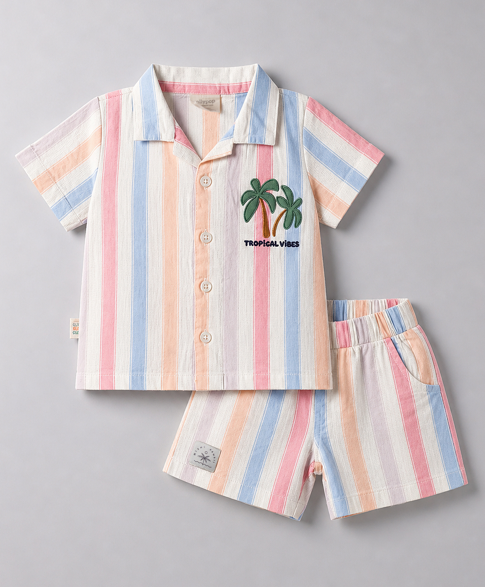 Ollypop Linen Woven Half Sleeves Shirt & Shorts Co-ord Night Suit with Tree Embroidery - Multicolor-picture-24