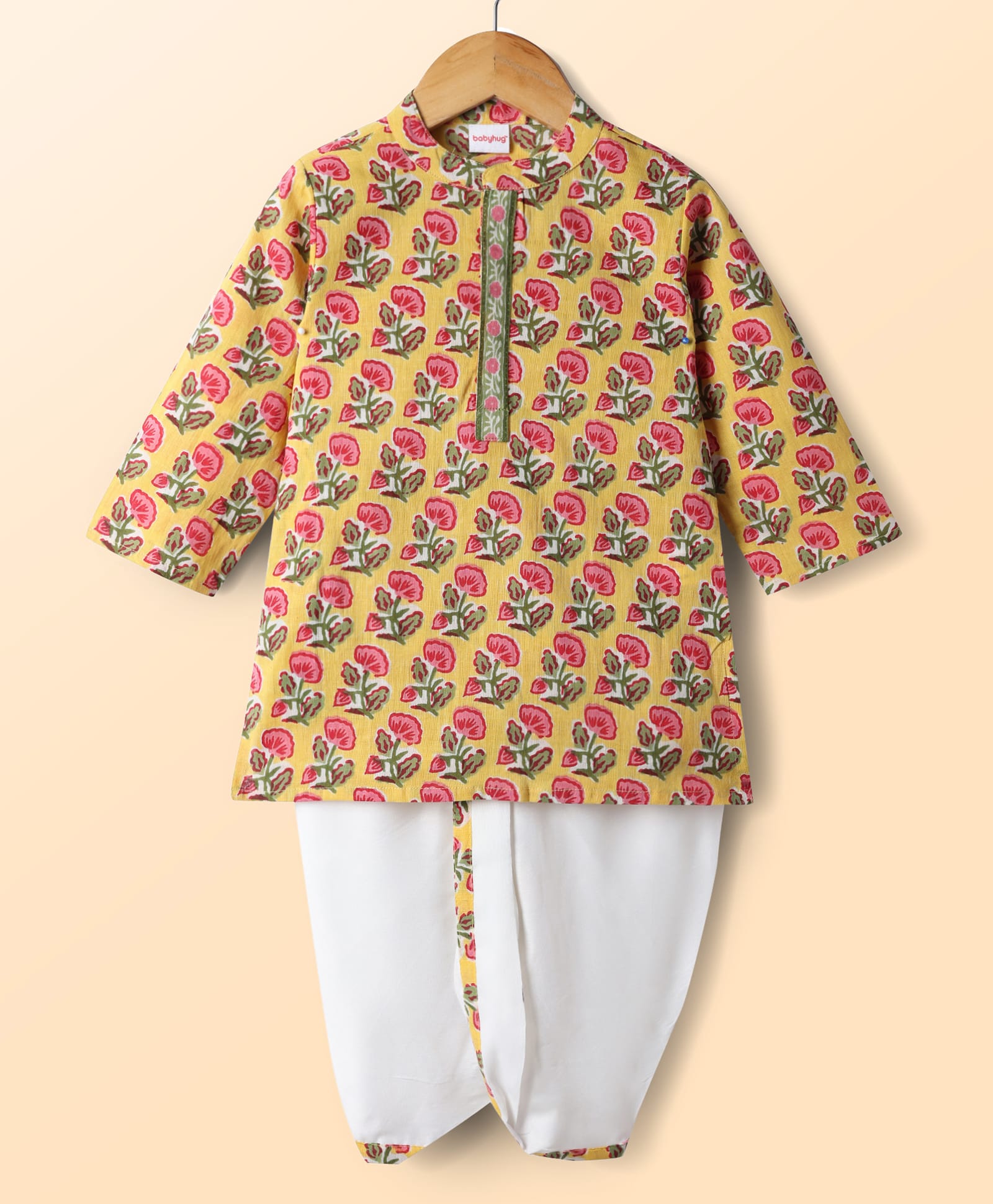 Babyhug Cambric Woven Full Sleeves Kurta Dhoti Set with Floral Print - Yellow-image-44