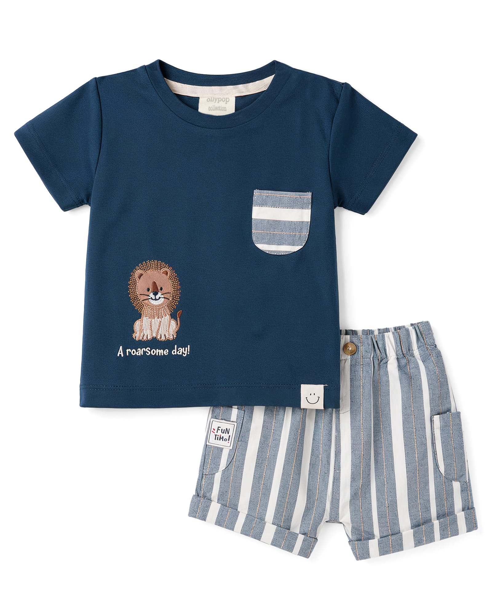 Ollypop Interlock Knit Half Sleeves Lion Embroidered & Striped T-Shirt & Shorts Set With Patch- Navy Blue-picture-11