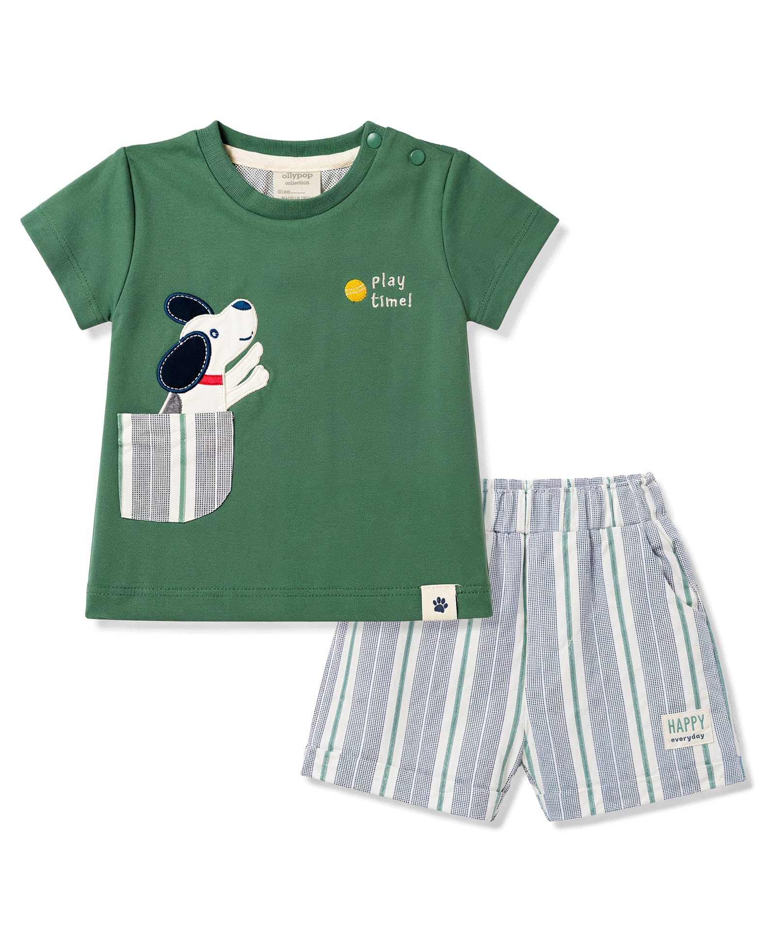 Ollypop Interlock Knit Puppy Embroidered & Striped T-Shirt & Shorts Set With Patch - Green-picture-37